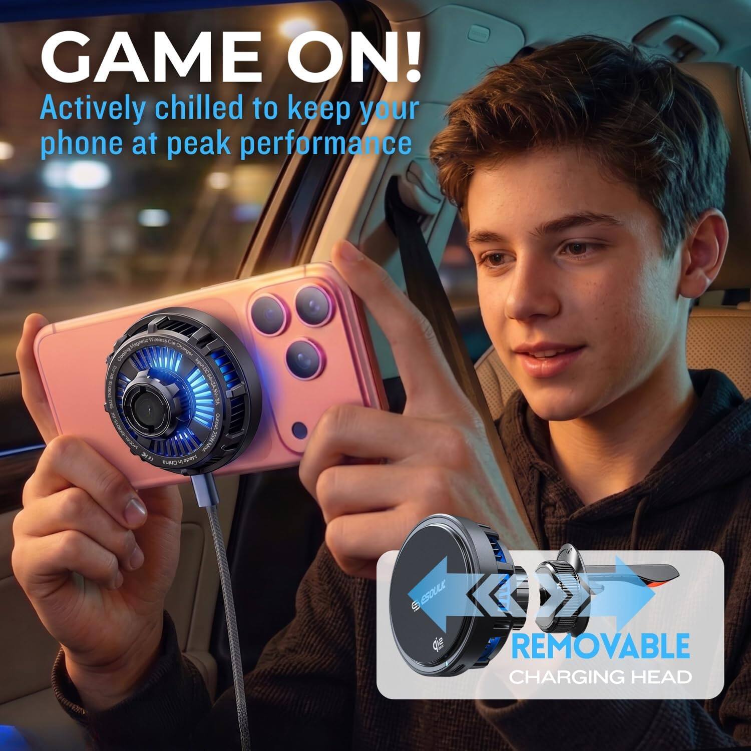 GAME ON!  
Actively chilled to keep your phone at peak performance  

Ugo - am Crrom I SEOSIOn MAEMNO 3 n ME SD SSOULK S M1 OF REMOVABLE CHARGING HEAD