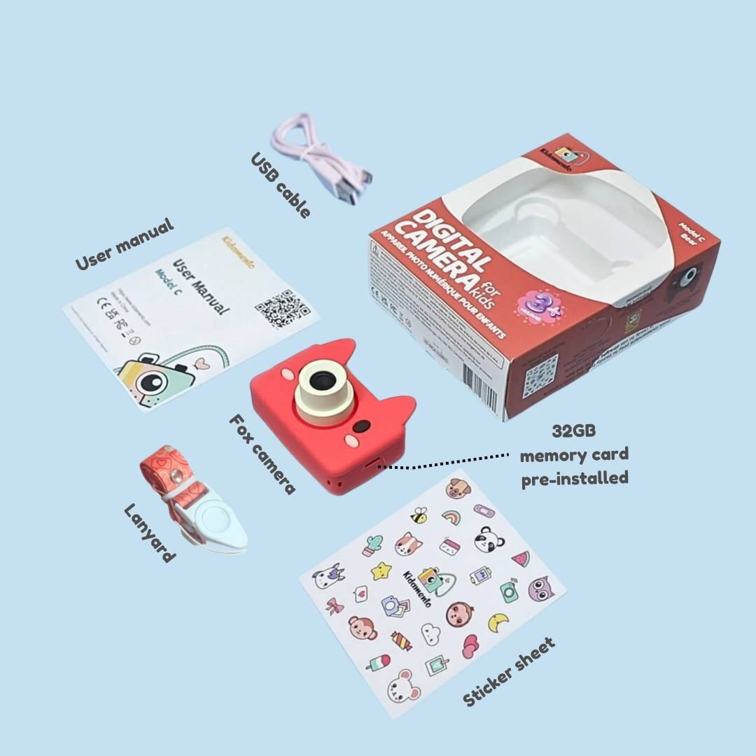 The text on the image is grouped and corrected as follows:
1. USB Cable Manual
2. User Manual
3. Model: Bear Lanyard Fox Camera
4. 32GB Memory Card Pre-Installed
5. Kidenmento Sheet
6. Sticker Sheet