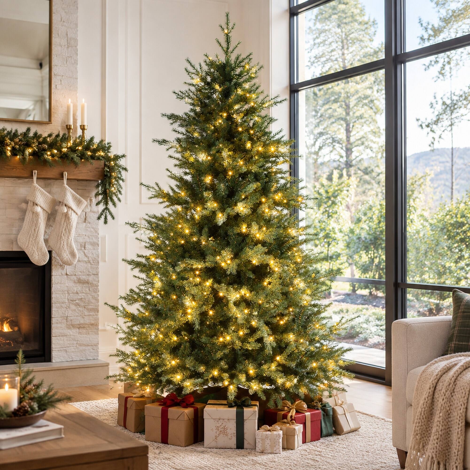 Back. RYHNUYNE - 6 Ft Artificial Christmas Tree With 400 Warm White LED Lights, 2328 Branches Auto Open 8 Light Modes Decor - Green.