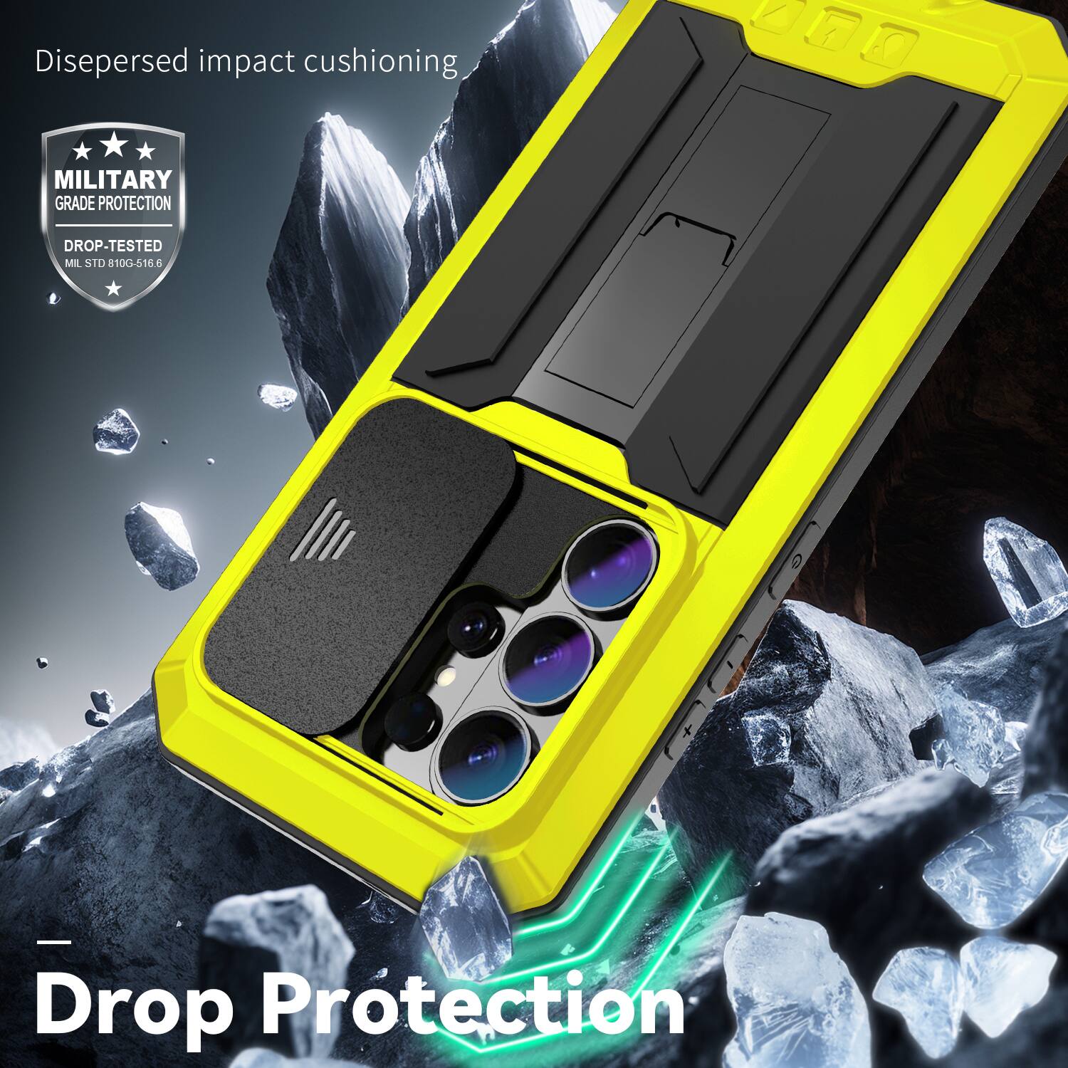 Dispersed impact cushioning  
MILITARY GRADE PROTECTION  
DROP-TESTED  
MIL STD 810G-516.6  

Drop Protection
