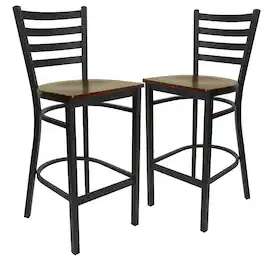 Emma + Oliver - 2 Pack Ladder Back Metal Restaurant Barstool - Mahogany Wood Seat/Black Metal Frame