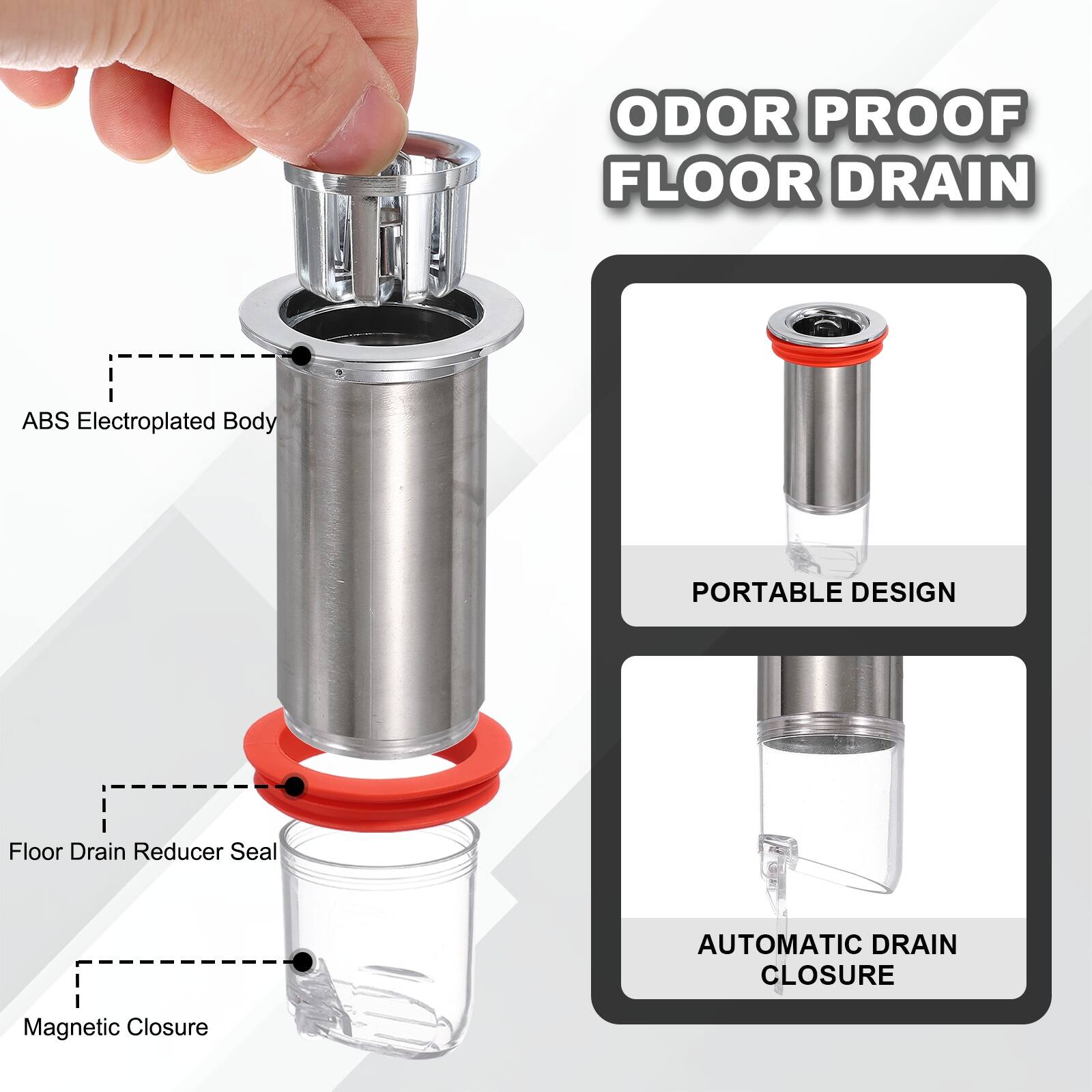 ODOR PROOF FLOOR DRAIN  
ABS Electroplated Body  
PORTABLE DESIGN  
Floor Drain Reducer Seal  
AUTOMATIC DRAIN CLOSURE  
Magnetic Closure
