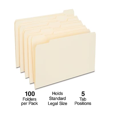 100 Folders per Pack  
Holds Standard Legal Size  
5 Tab Positions