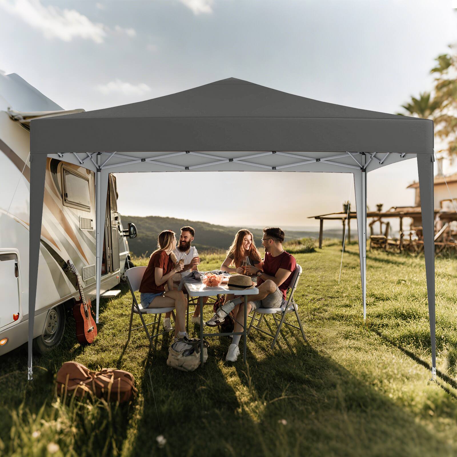 Alt View 3. Costway - Costway 10 FT x 10 FT Pop-Up Canopy Tent with Mesh Netting, Carry Bag, 8 Stakes & 4 Ropes - Gray.
