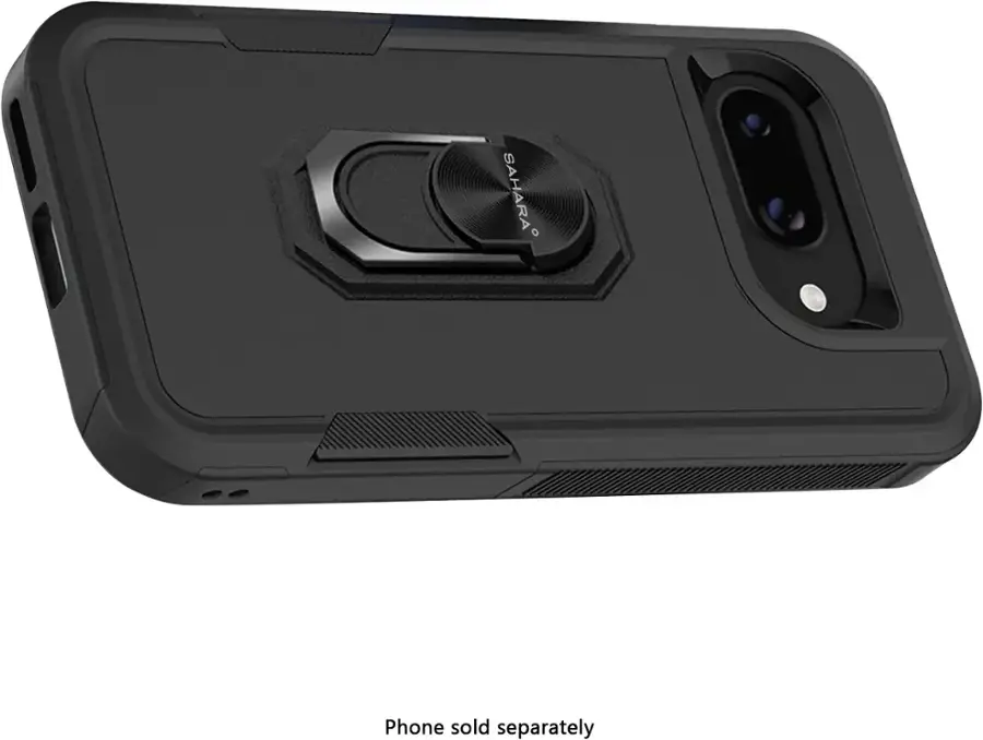 The image shows a black phone case with a camera on the back. The case is designed to protect the phone and is available for purchase separately. The phone itself is not visible in the image, as it is sold separately.