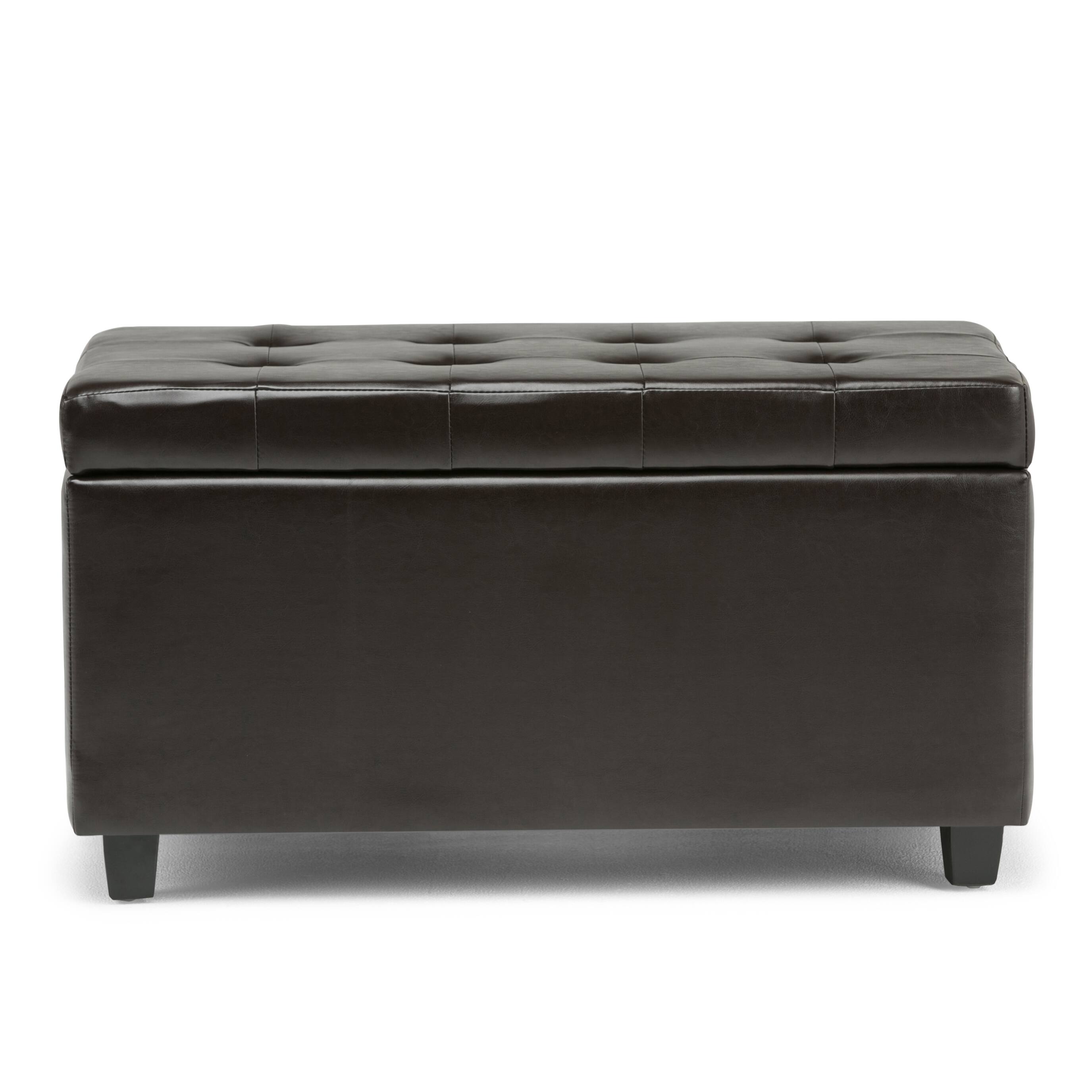 Left. Simpli Home - Cosmopolitan 34 inch Wide Transitional Rectangle Storage Ottoman in Tanners Brown Vegan Faux Leather, Assembled - Tanners Brown.