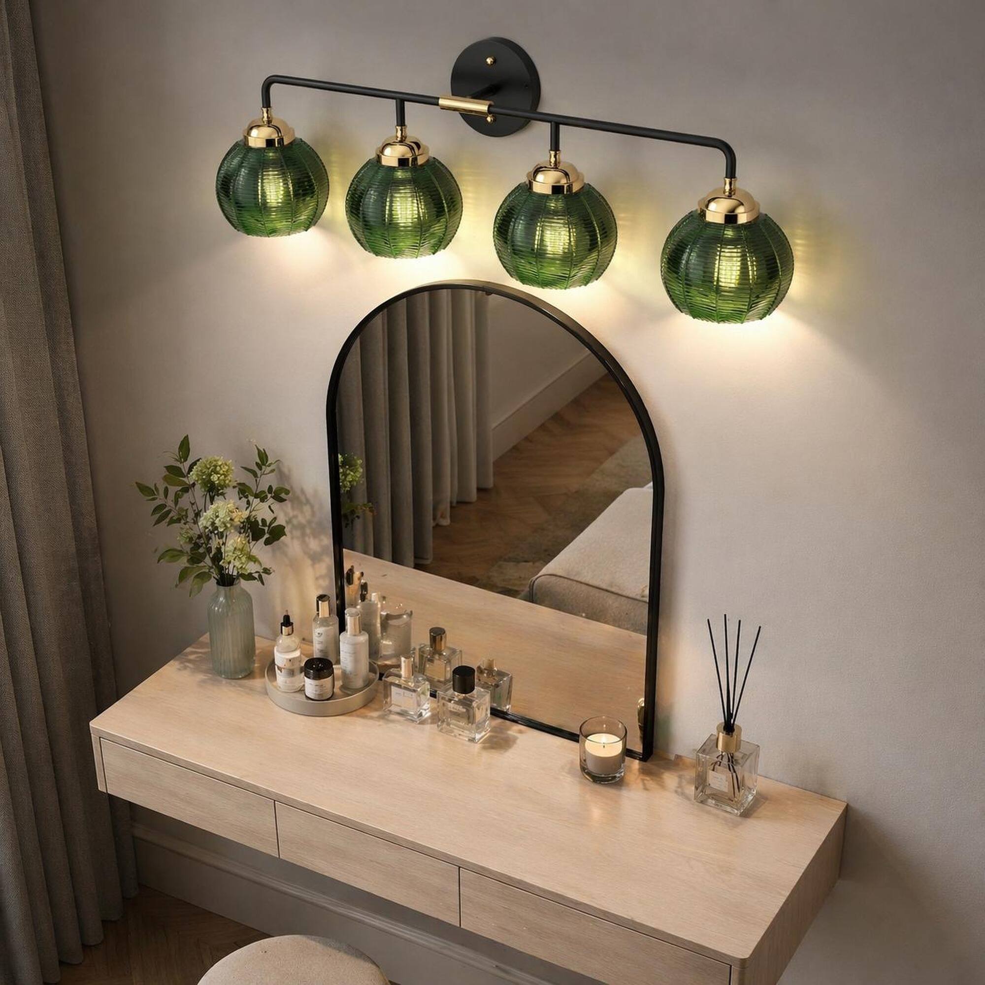 Back. RYHNUYNE - 4-Light Black and Gold Vanity Light with Clear Glass Shades for Bathroom, Bedroom, Kitchen, and Dining Room.