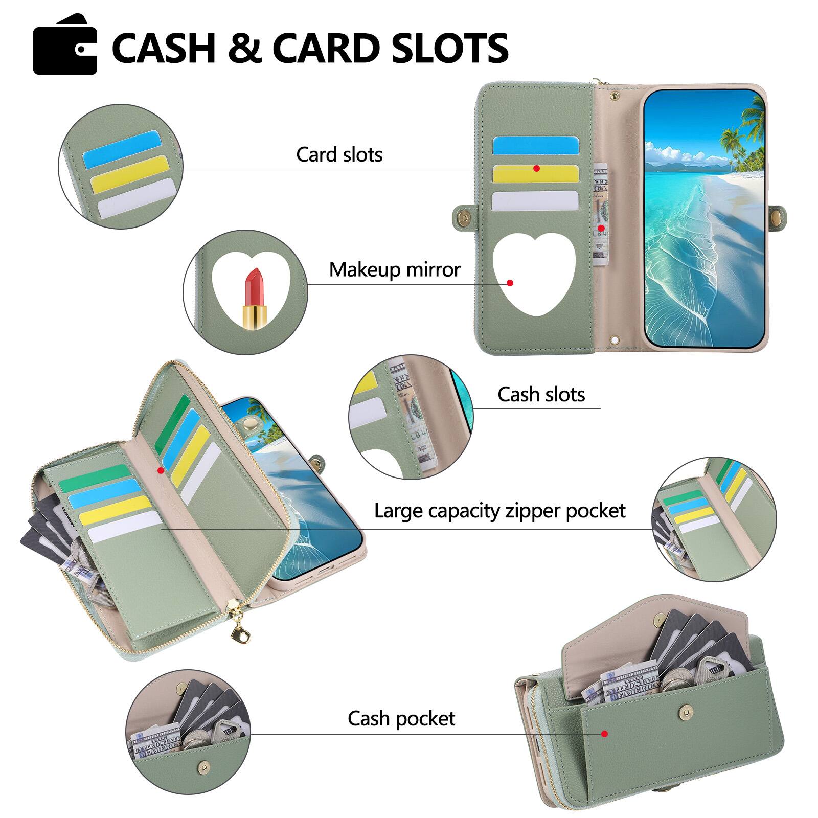 CASH & CARD SLOTS

- Card slots
- Makeup mirror
- Cash slots
- Large capacity zipper pocket
- Cash pocket