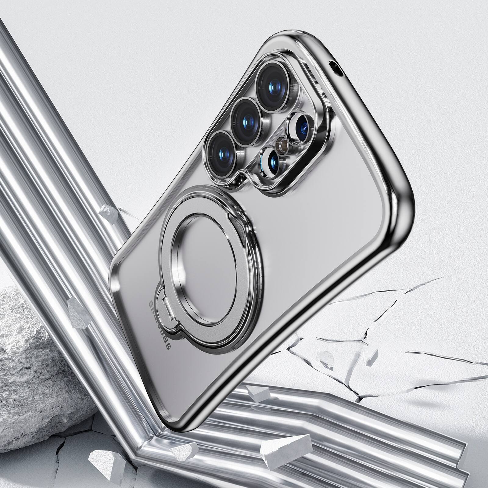 Alt View 4. Dteck - Magnetic Case for Samsung Galaxy S26 Ultra with 360 Ring Stand and Strap, Shockproof TPU Cover Built-in Lens Protector - Silver.