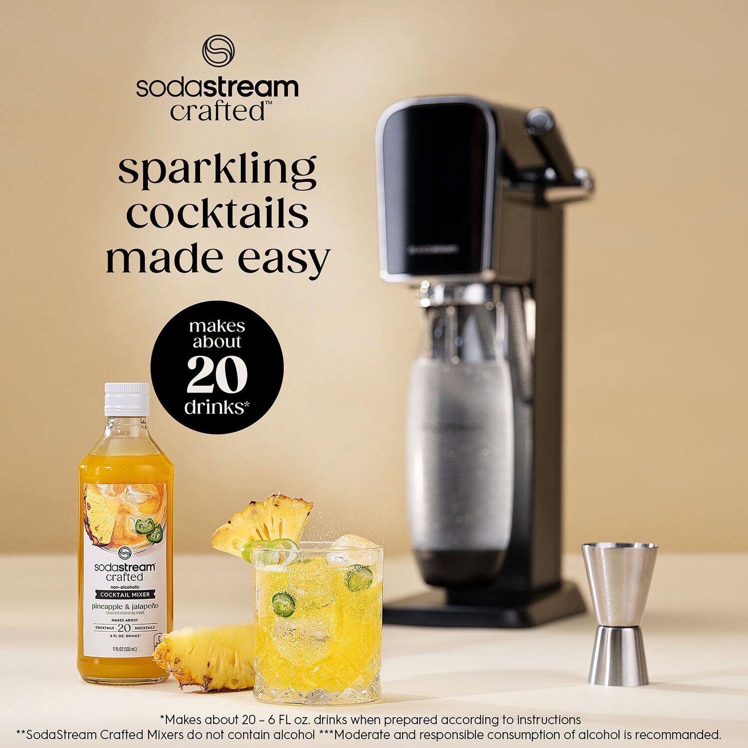 SodaStream crafted sparkling cocktails made easy makes about 20 drinks. The mixer includes pineapple and grapefruit flavors. The drinks are made with 6 FL OZ of the mixer. SodaStream crafted mixers do not contain alcohol, and moderate and responsible consumption of alcohol is recommended.