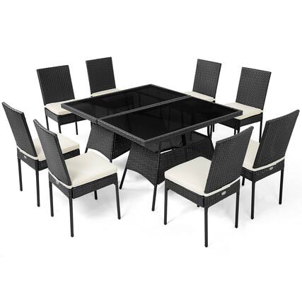 Front. Gymax - Gymax 10PCS Rattan Dining Set Cushioned Chair Table w/ Glass Top Furniture Patio - Black.