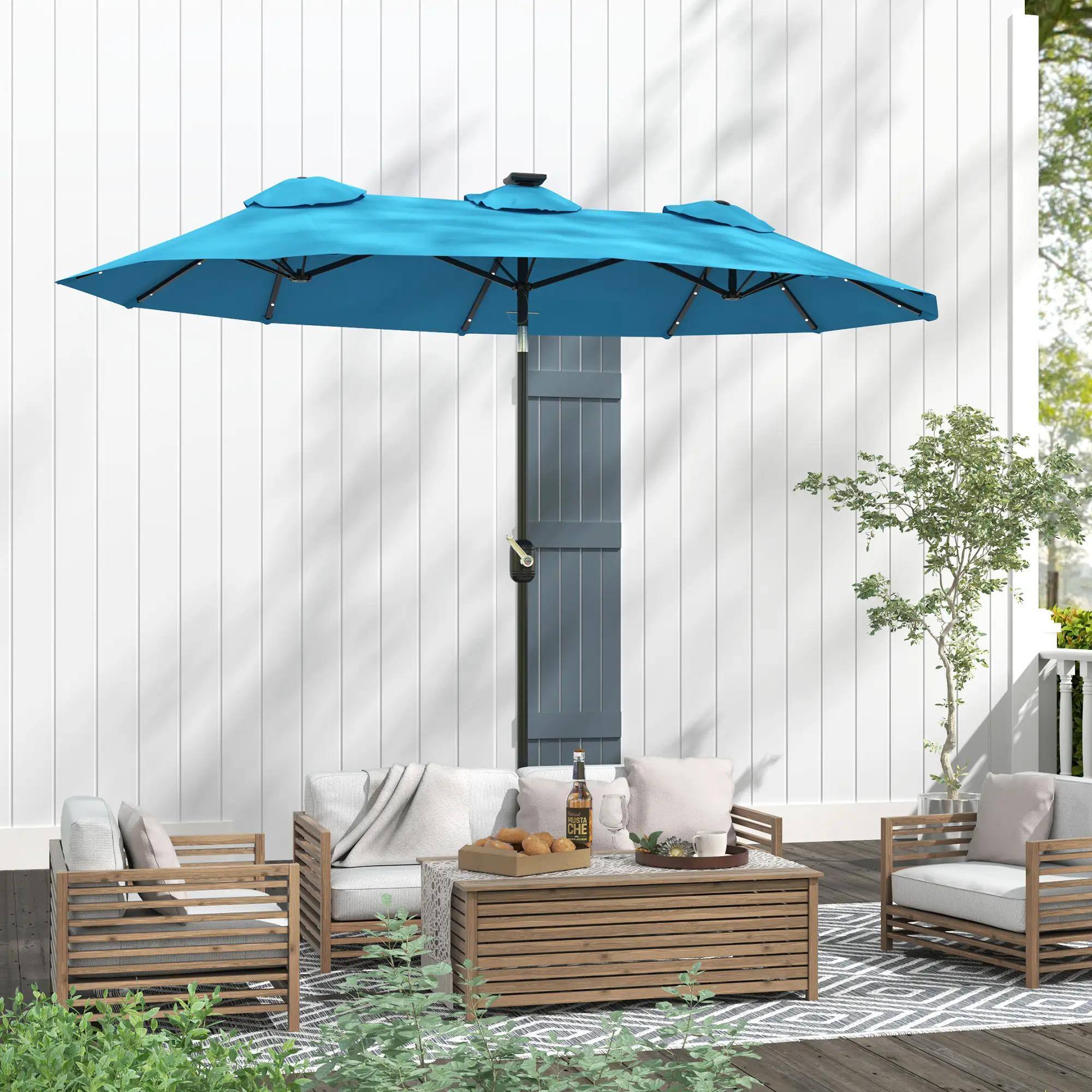Alt View 5. Spaco - Spaco 9.7ft Double-Sided Patio Umbrella,LED Solar Light,Tilt,Crank,12 Ribs - Light Blue.