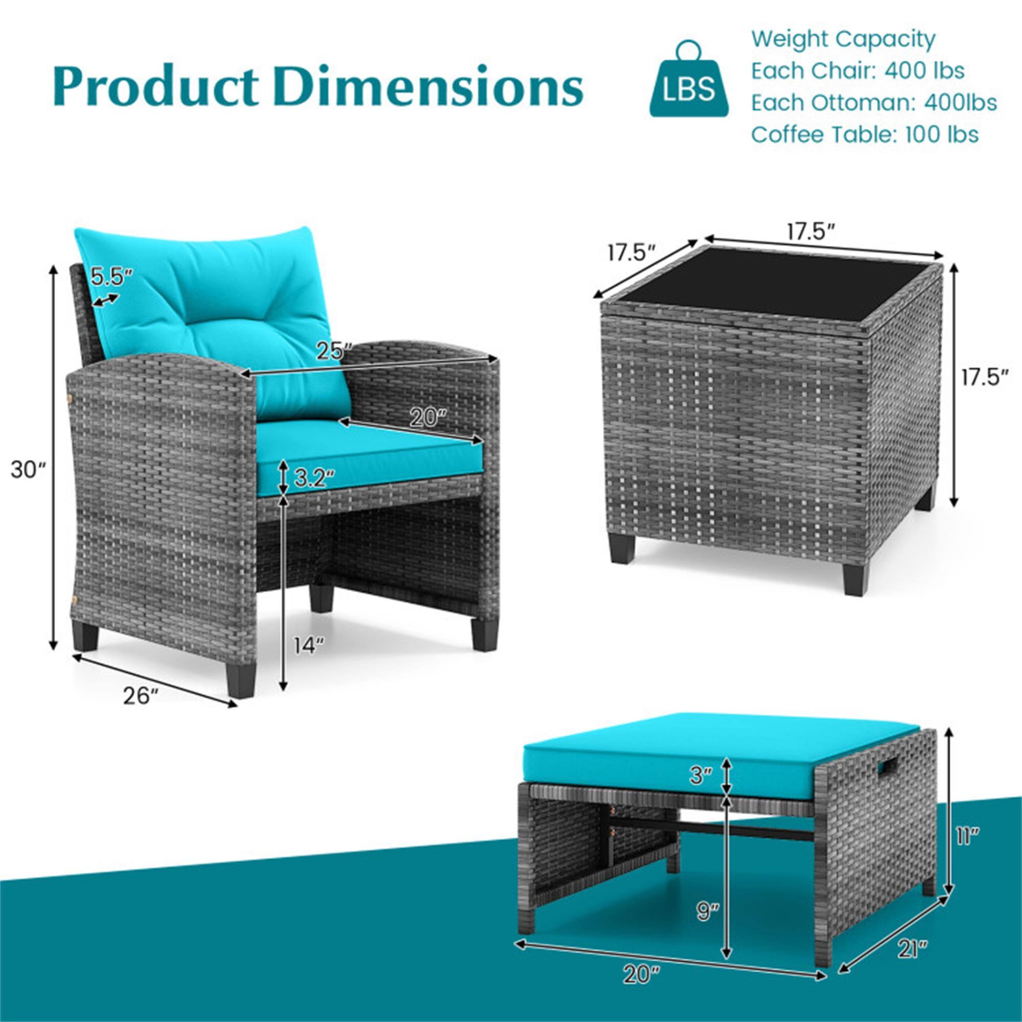 Weight Capacity:  
Each Chair: 400 lbs  
Each Ottoman: 400 lbs  
Coffee Table: 100 lbs  

Product Dimensions:  
Chair:  
- Height: 30"  
- Width: 26"  
- Depth: 25"  
- Seat Height: 14"  
- Back Height: 5.5"  
- Seat Depth: 20"  
- Armrest Height: 3.2"  

Ottoman:  
- Height: 17.5"  
- Width: 17.5"  
- Depth: 17.5"  

Coffee Table:  
- Height: 11"  
- Width: 20"  
- Depth: 21"  
- Top Thickness: 3"