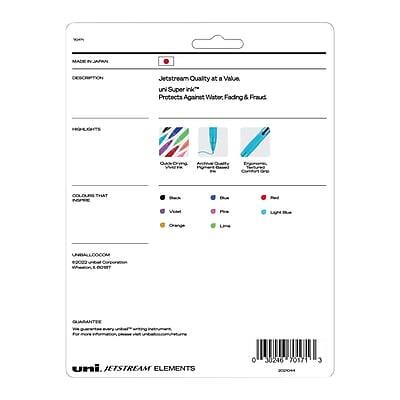 Sure, here is the corrected and grouped text from the image:

---

**Top Left:**
- Made in Japan

**Description:**
- Jetstream Quality at a Value
- uni Super Ink™ - Water Fading & Fraud Protection

**Highlights:**
- Colorful
- Fade-Resistant
- Water-Resistant

**Colors That Fade:**
- Black
- Blue
- Red
- Violet
- Orange
- Green
- Light Blue

**Uniball Colloquium:**
- uni Super Ink™
- Water-Resistant
- Fade-Resistant
- 0.7mm

**Guarantee:**
- We guarantee every uni-ball writing performance.

**Bottom:**
- uni JETSTREAM ELEMENTS

**Barcode:**
- 0 30246 70171 3

---