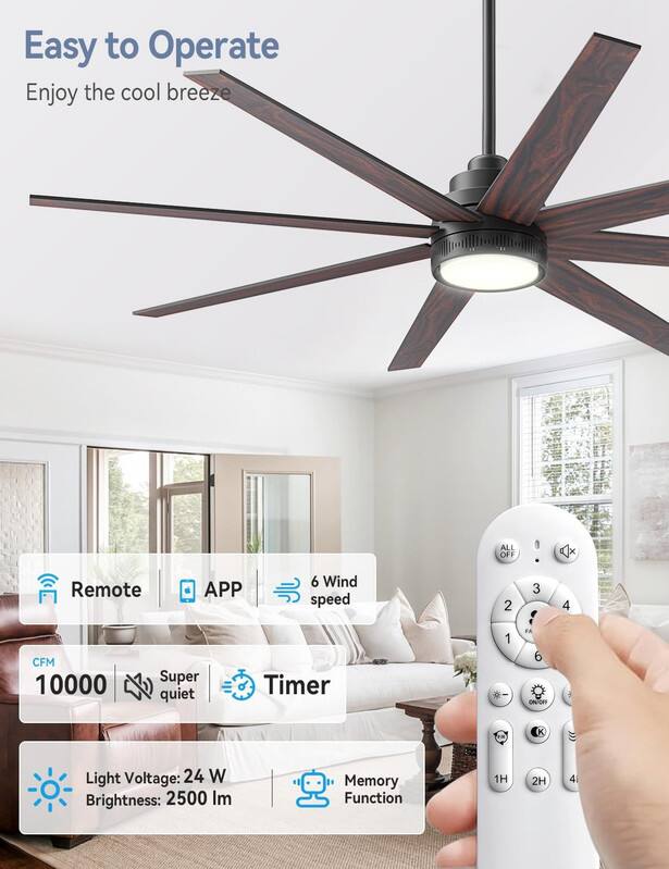 Easy to Operate  
Enjoy the cool breeze  

ALL OFF x Remote APP  
6 Wind speed  
CFM 10000  
Super quiet  
Timer 1  
FA 6  
Light Voltage: 24 W  
Brightness: 2500 Im  
Memory Function 1H 2H 4