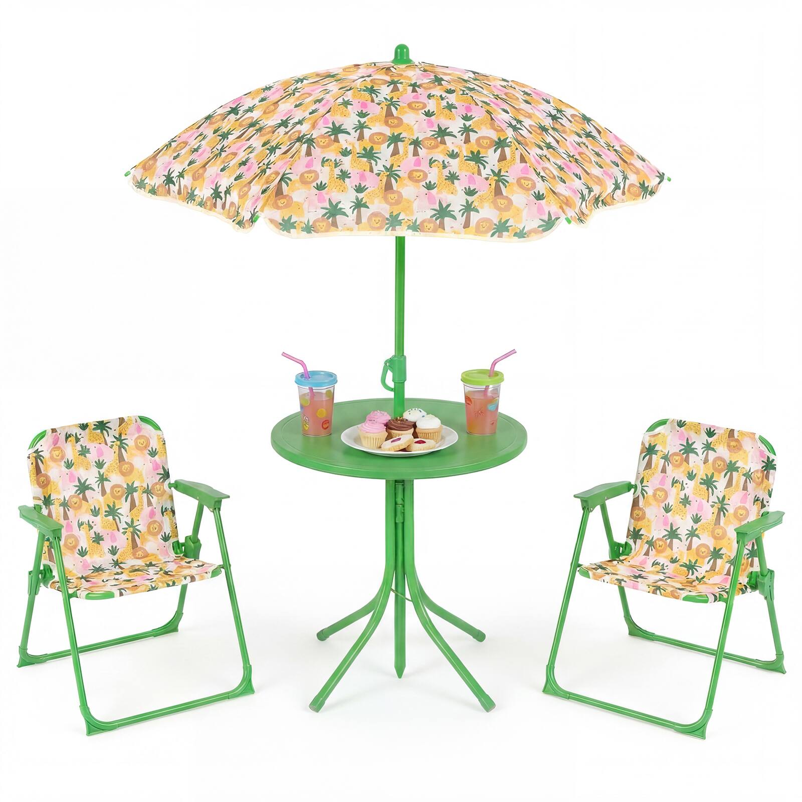 Alt View 9. Gymax - Gymax Kids Picnic Table Outdoor Table&Chair Set 2 Folding Chairs&Adjustable Umbrella Beige & Green - Beige.