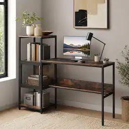WELLFOR - 51" Industrial Computer Desk with Bookshelf, Home Office Desk with Storage Shelves - Rustic Brown