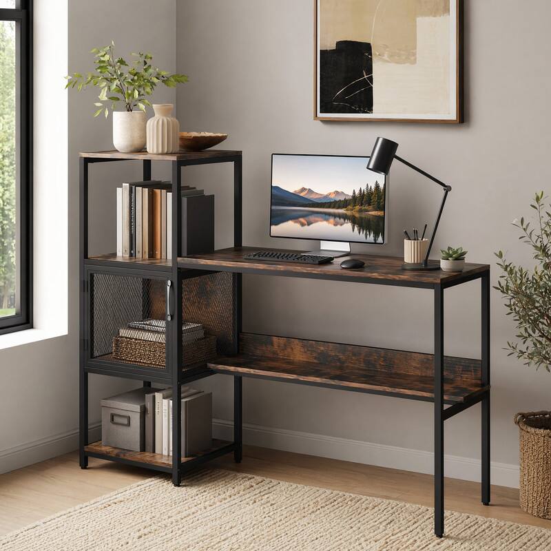 Front. WELLFOR - 51" Industrial Computer Desk with Bookshelf, Home Office Desk with Storage Shelves - Rustic Brown.