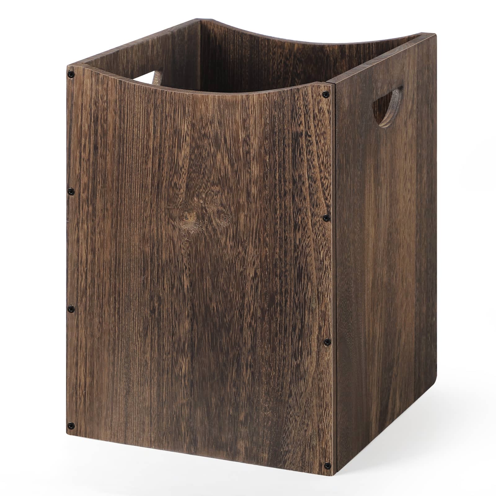 Oumilen - Solid Wood Laundry Hamper – Burnt Wood Basket with Cutout Handles for Bathroom & Bedroom - Rustic Brown