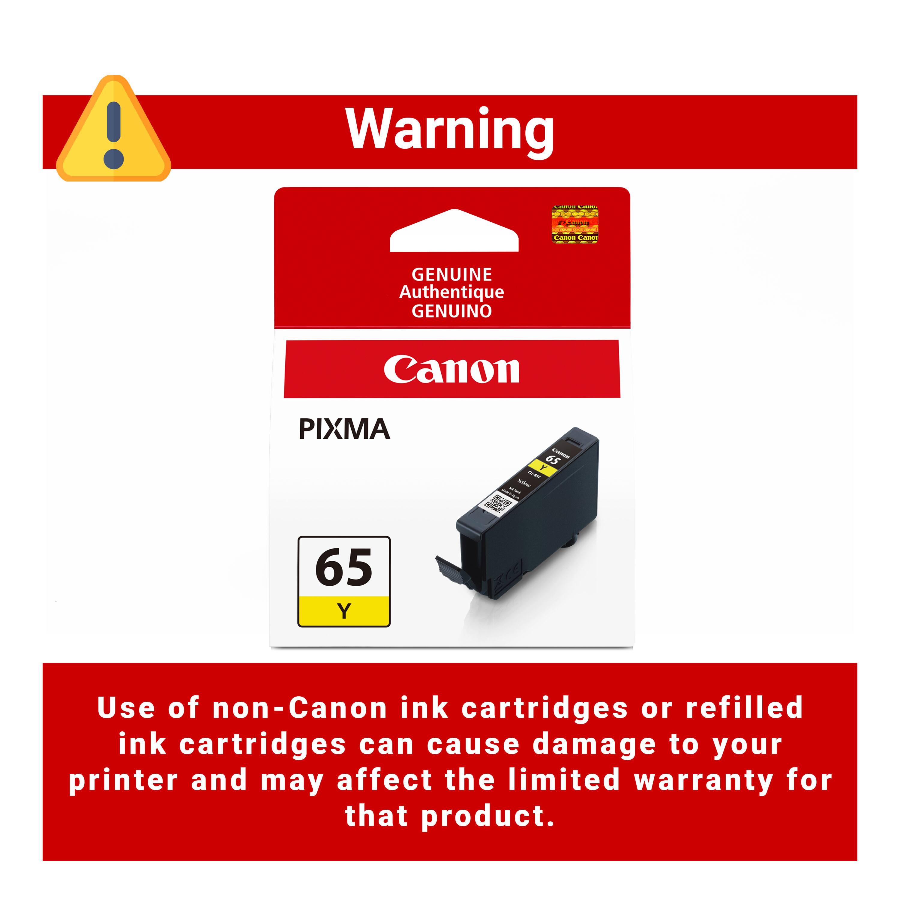 Warning

CARTIFICA CREAN

Canon

CADOR Cames

GENUINE Authentique GENUINO

Canon

PIXMA

- 2/12/2020

65 - AIN 
65 Y

Use of non-Canon ink cartridges or refilled ink cartridges can cause damage to your printer and may affect the limited warranty for that product.