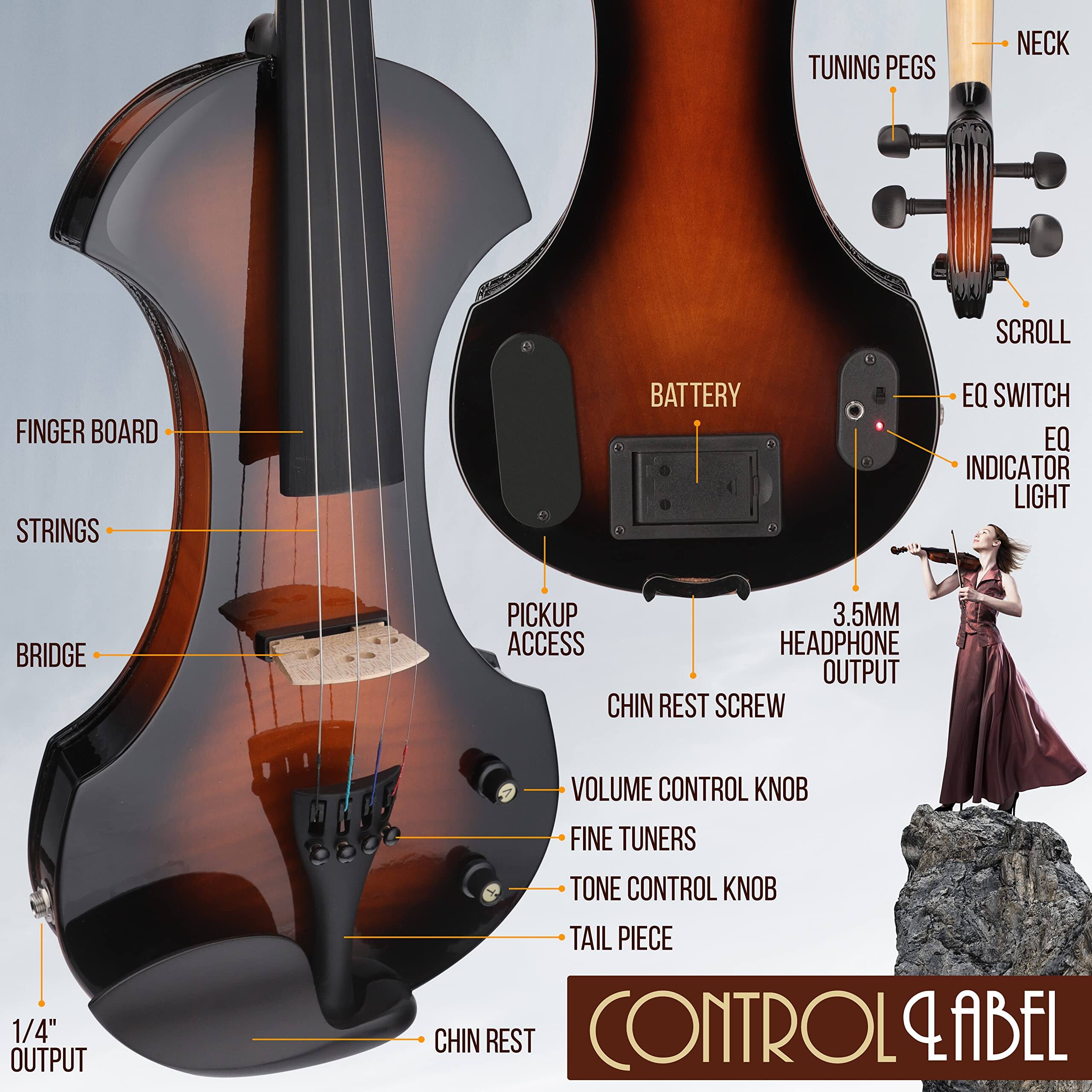 - TUNING PEGS
- NECK
- SCROLL
- FINGER BOARD
- STRINGS
- BATTERY
- EQ SWITCH
- EQ INDICATOR LIGHT
- BRIDGE
- PICKUP
- 3.5MM ACCESS
- HEADPHONE OUTPUT
- CHIN REST
- SCREW
- 1/4" OUTPUT
- VOLUME CONTROL KNOB
- FINE TUNERS
- TONE CONTROL KNOB
- TAIL PIECE
- CHIN REST
- CONTROLLABEL