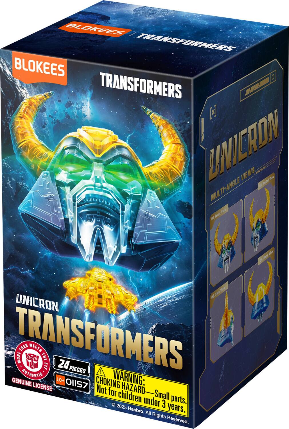 BLOKEES TRANSFORMERS  
UNICRON TRANSFORMERS  
MORE THAN MEETS THE EYE  
24 PIECES!  
AUTHENTIC  
WARNING: GENUINE LICENSE  
CHOKING HAZARD - Small parts. Not for children under 3 years.  
© 2025 Hasbro. All Rights Reserved.