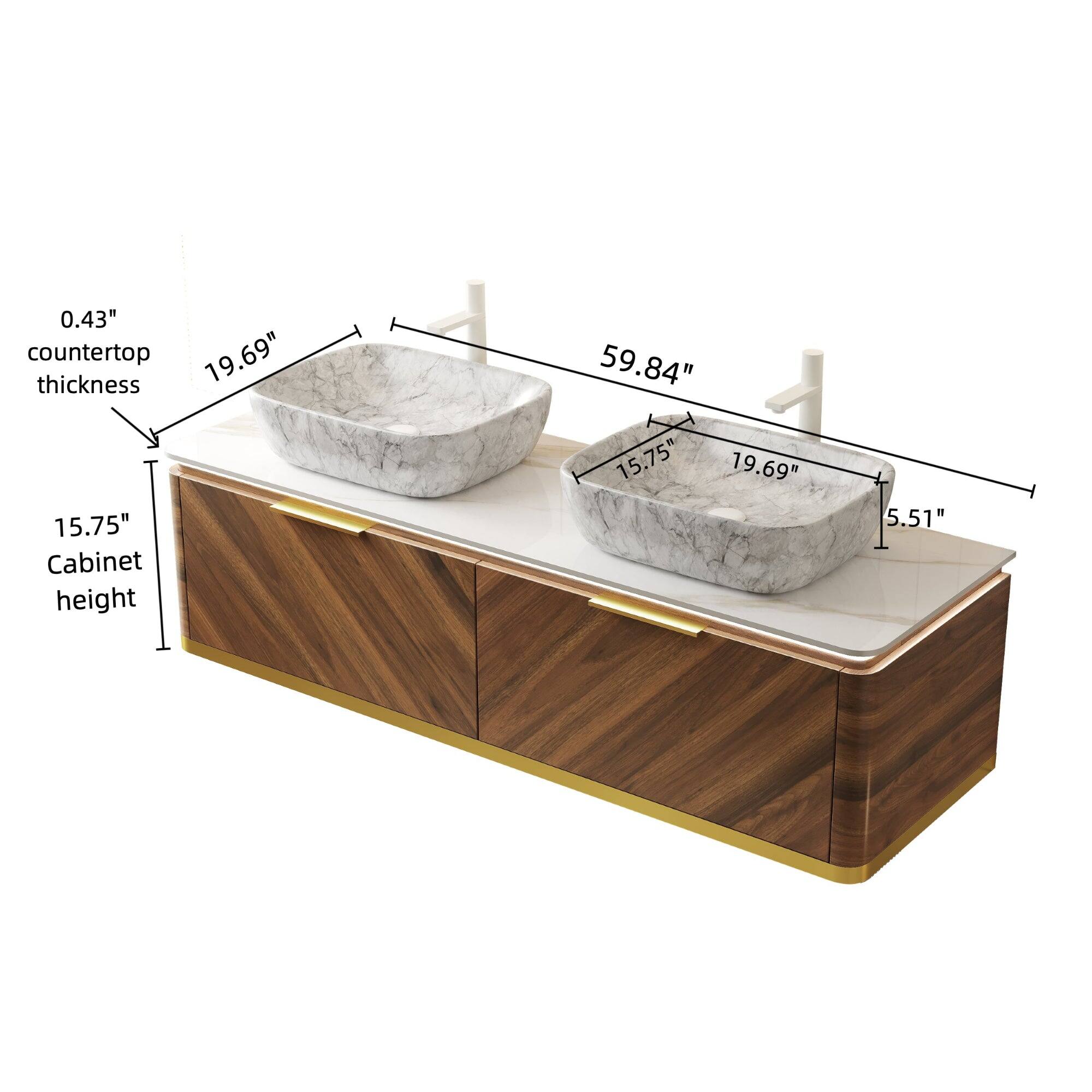 - Countertop thickness: 0.43"
- Cabinet height: 15.75"
- Sink dimensions: 19.69" x 15.75"
- Overall length: 59.84"
- Faucet height: 5.51"