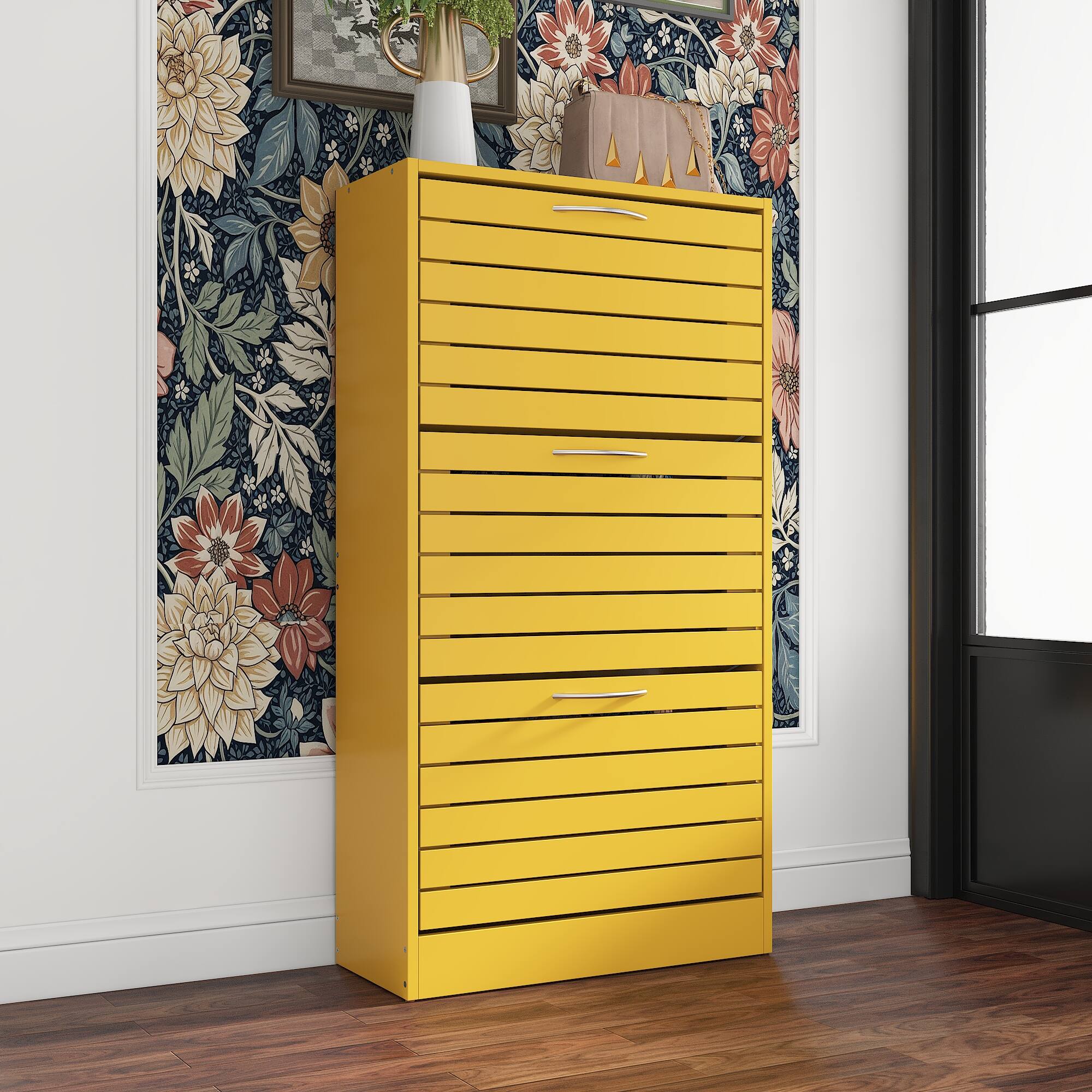 Alt View 5. Famapy - Famapy Space - Saving Rustic Shoe Cabinet 3 Flip Drawers Adjustable Shelves to Tame Clutter & Enhance Entryway Style - Yellow.