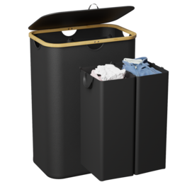 Tooloton - 160L Dual Section Collapsible Laundry Hamper with Lid, Removable Bags, Bamboo Handles - Black