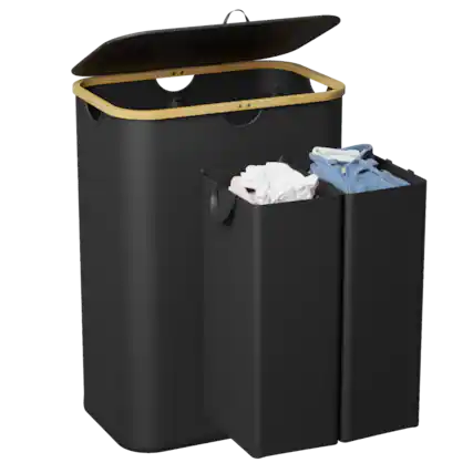 Front. Tooloton - 160L Dual Section Collapsible Laundry Hamper with Lid, Removable Bags, Bamboo Handles, Black - Black.