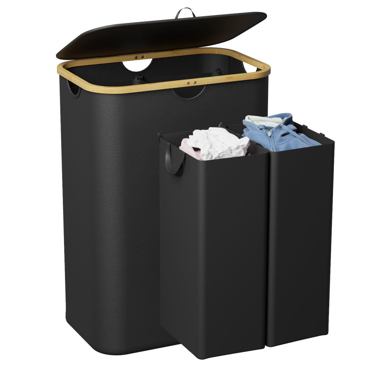 Front. Tooloton - 160L Dual Section Collapsible Laundry Hamper with Lid, Removable Bags, Bamboo Handles, Black - Black.