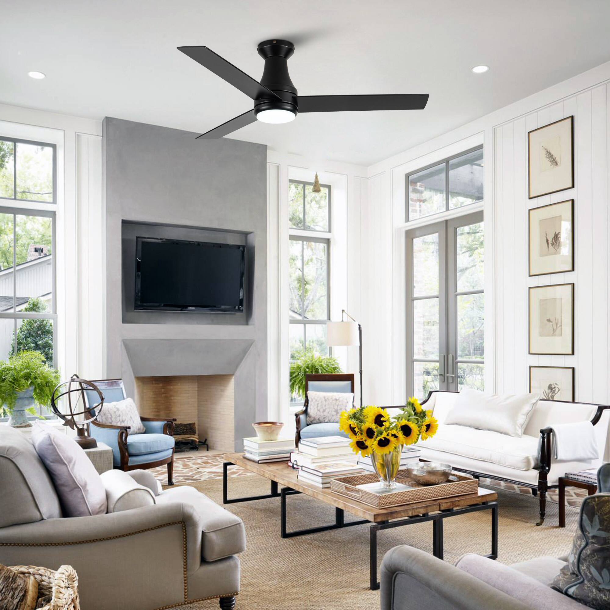 Left. Vaczon - 48" Industrial Black Flush Mount Ceiling Fan with Light - Black.