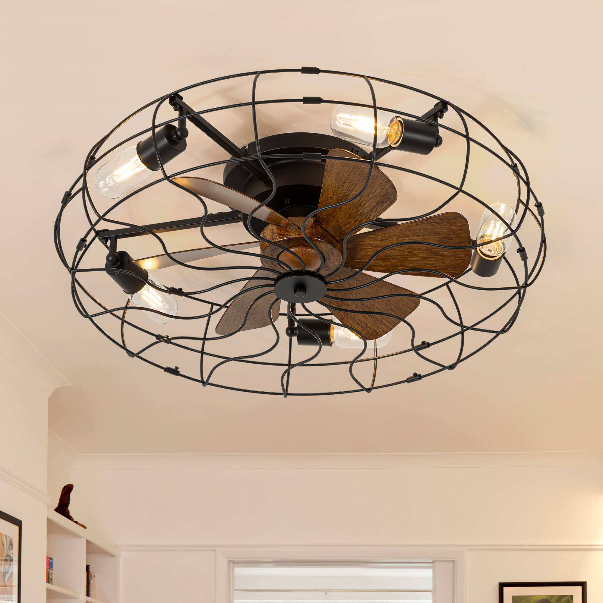 Angle. Breezary - 19/24 Inch Durable Cage Ceiling Fan with Light Remote Control Flush Surface Mount for Bedroom Living Room - Black & Wood Grain.
