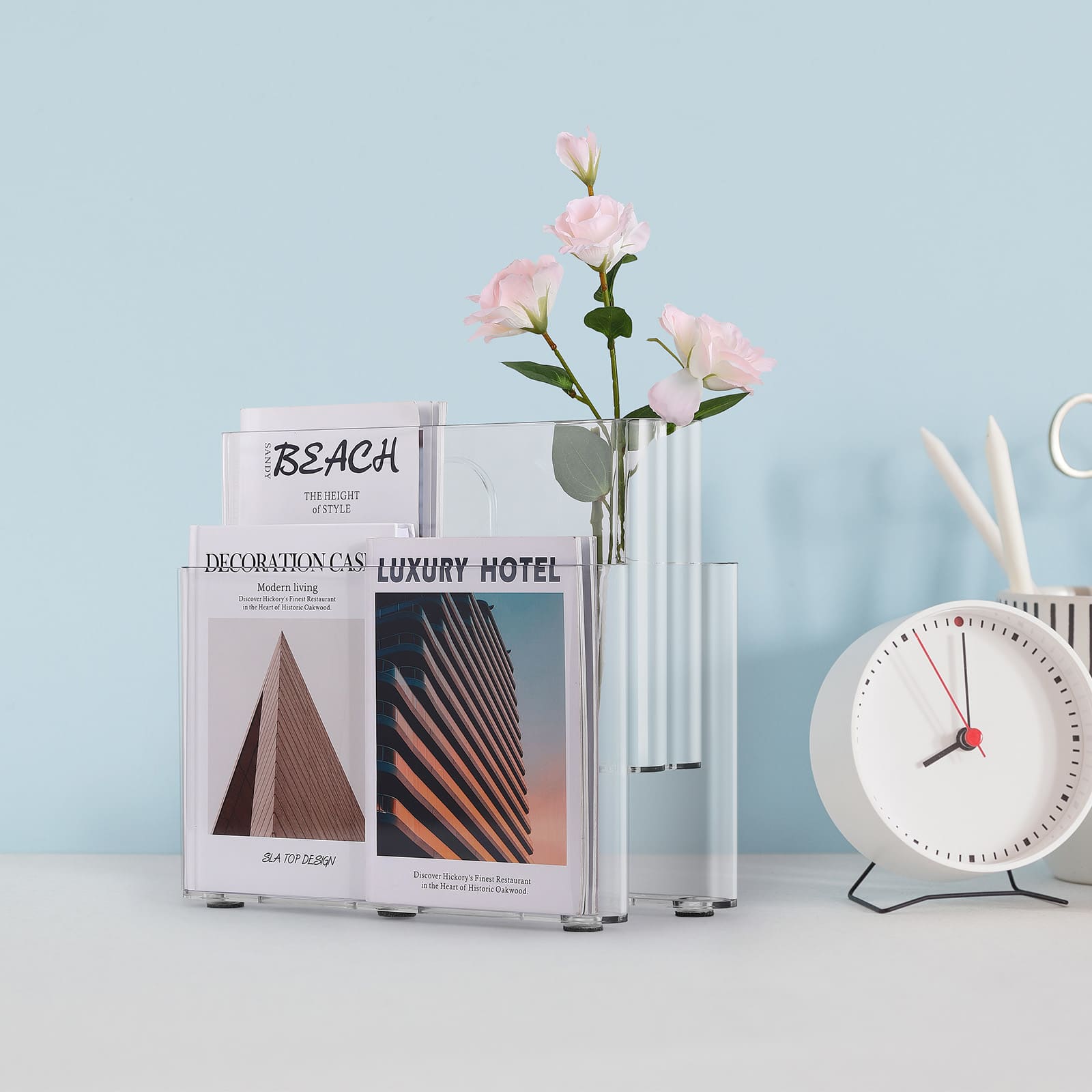 Oumilen - Modern 4-Slot Magazine Rack & File Organizer - Multifunctional Storage Stand for Home and Office - Clear