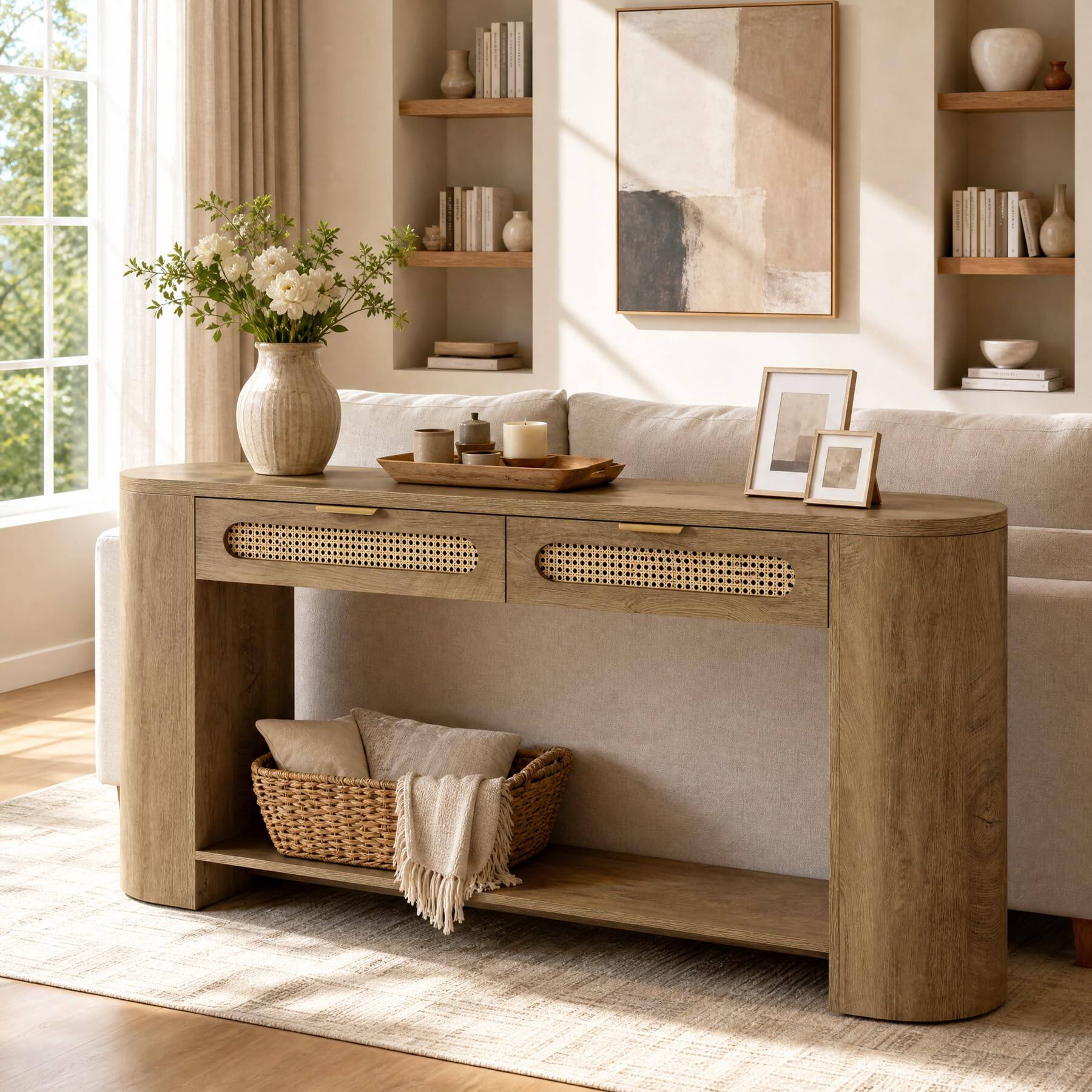 Left. Tribesigns - 55" Curved Console Table with 2 Rattan Drawers & Open Shelves - Brown.