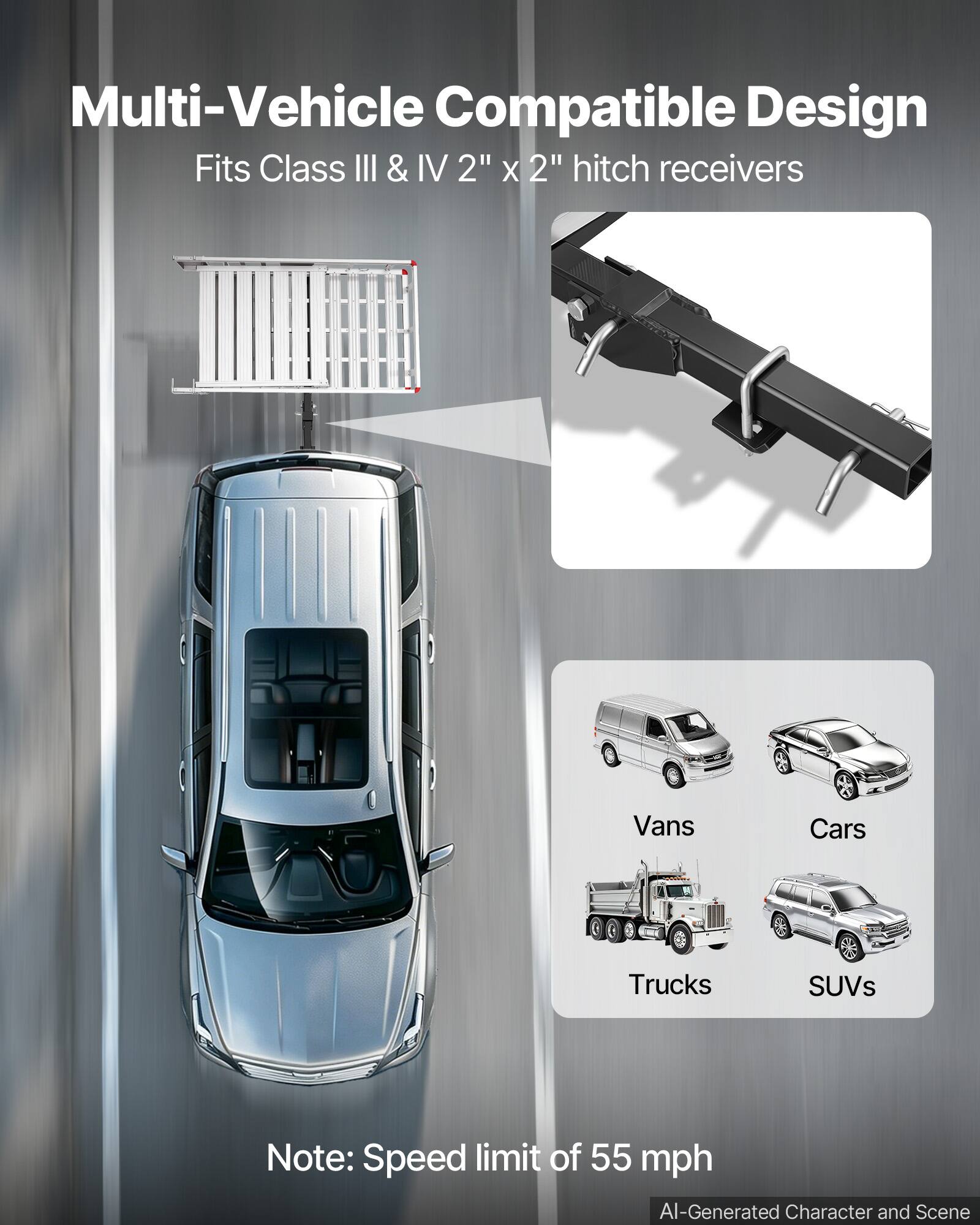 Multi-Vehicle Compatible Design  
Fits Class III & IV 2" x 2" hitch receivers  

Vans  
Cars  
Trucks  
SUVs  

Note: Speed limit of 55 mph  

AI-Generated Character and Scene