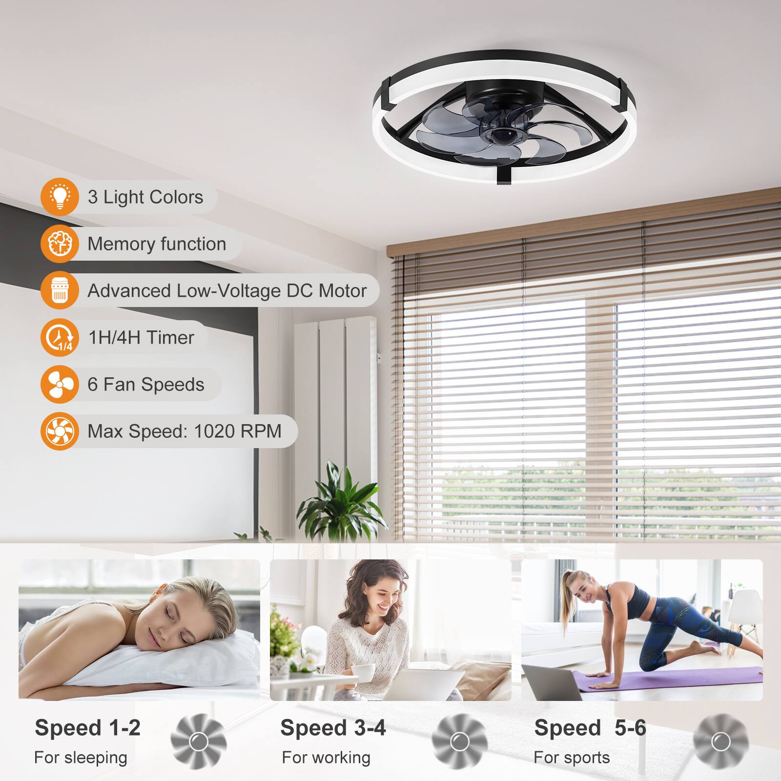3 Light Colors  
Memory function  
Advanced Low-Voltage DC Motor  
1H/4H Timer  
6 Fan Speeds  
Max Speed: 1020 RPM  

Speed 1-2: For sleeping  
Speed 3-4: For working  
Speed 5-6: For sports