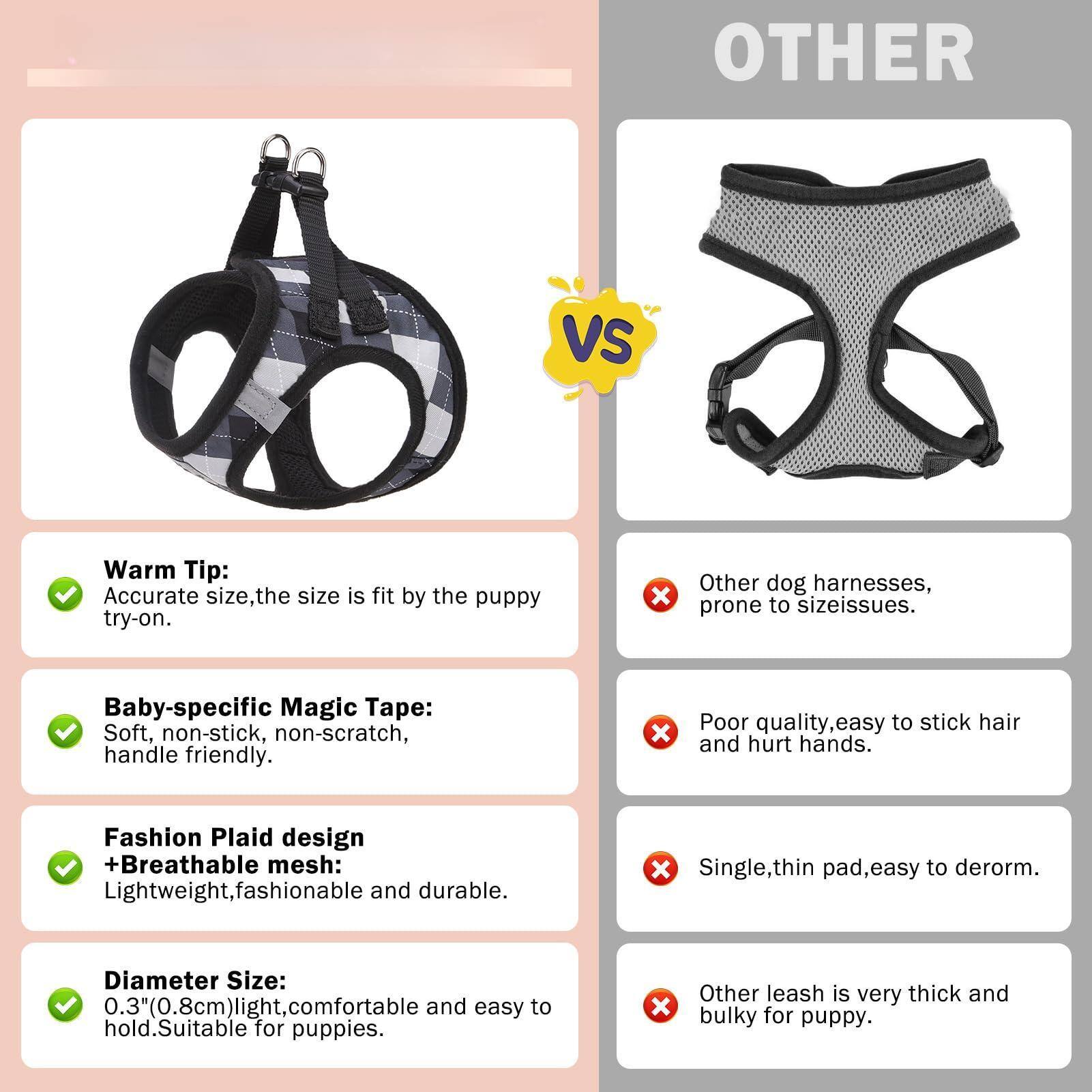 **Warm Tip:**
- Accurate size, the size is fit by the puppy try-on.

**Baby-specific Magic Tape:**
- Soft, non-stick, non-scratch, handle friendly.

**Fashion Plaid design + Breathable mesh:**
- Lightweight, fashionable and durable.

**Diameter Size:**
- 0.3" (0.8cm) light, comfortable and easy to hold. Suitable for puppies.

**Other:**
- Other dog harnesses, prone to size issues.
- Poor quality, easy to stick hair and hurt hands.
- Single, thin pad, easy to deform.
- Other leash is very thick and bulky for puppy.