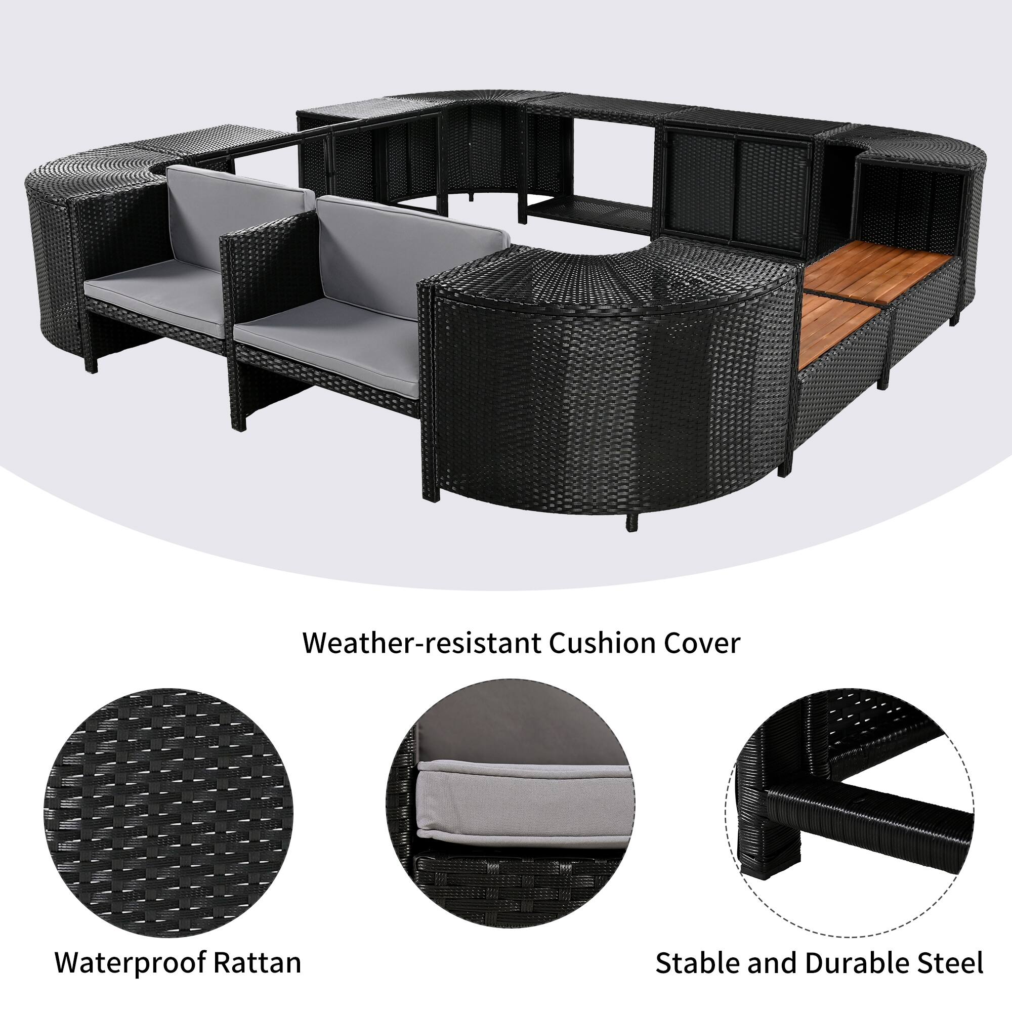 Weather-resistant Cushion Cover  
Waterproof Rattan  
Stable and Durable Steel