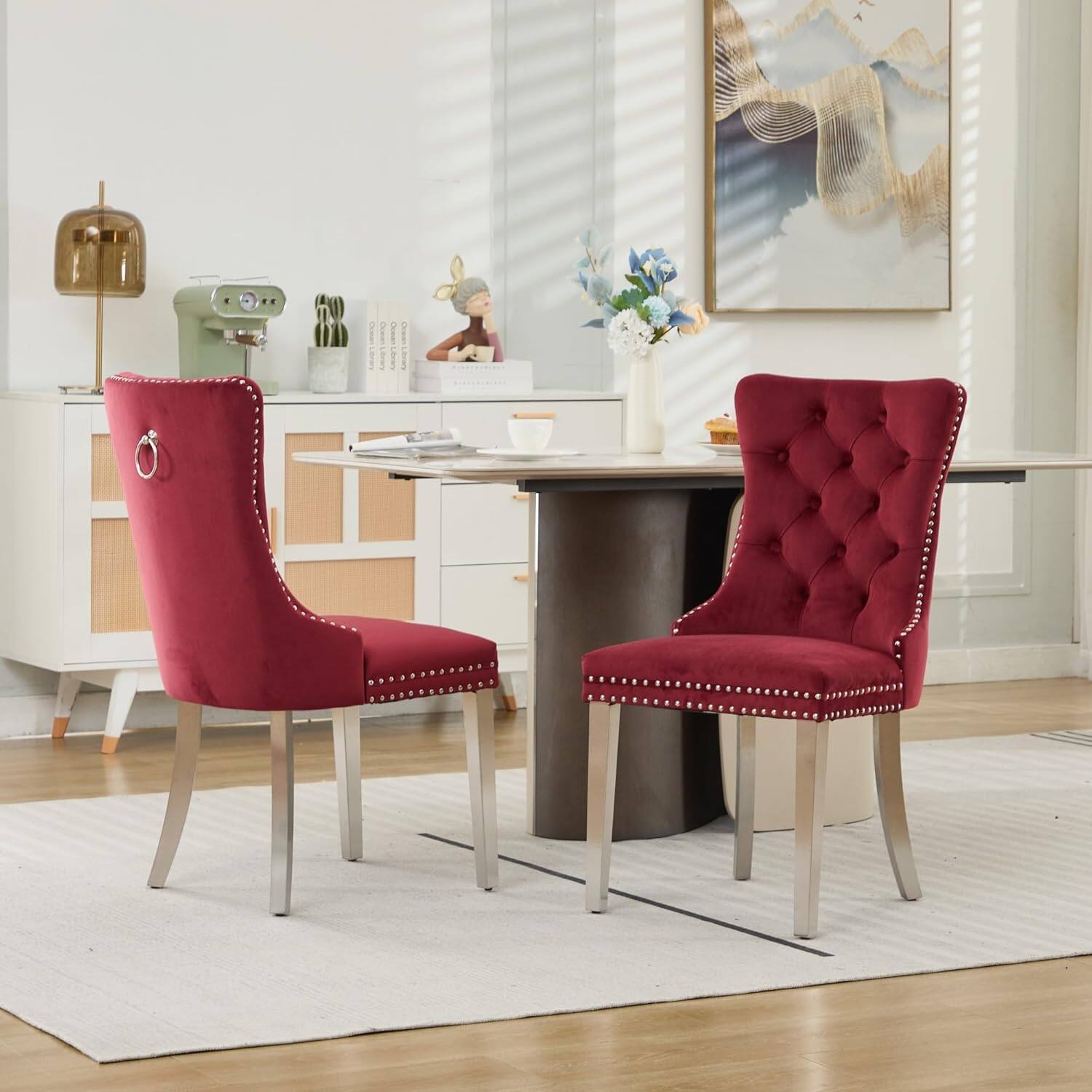 Alt View 3. Trinkets Crazed - Velvet Dining Chair Set of 2 Upholstered Tufted Dining Room Chair with Nailhead Trim - wine red.