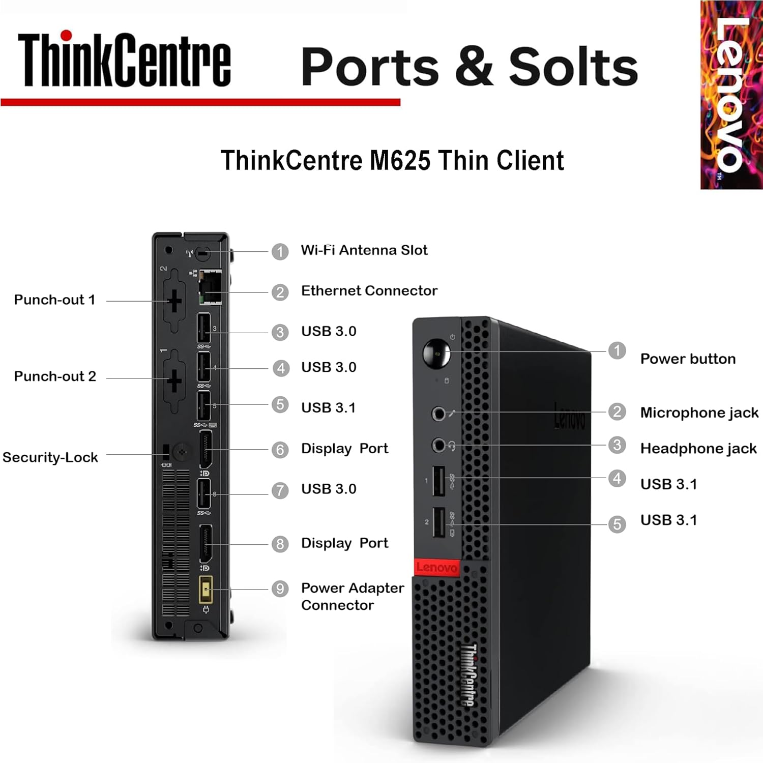 ThinkCentre Ports & Slots  
ThinkCentre M625 Thin Client  

1. Wi-Fi Antenna Slot  
2. Ethernet Connector  
3. USB 3.0  
4. USB 3.0  
5. USB 3.1  
6. Display Port  
7. USB 3.0  
8. Display Port  
9. Power Adapter Connector  

Punch-out 1  
Punch-out 2  
Security-Lock  

Power button  
Microphone jack  
Headphone jack  
USB 3.1  
USB 3.1  

Lenovo  
ThinkCentre