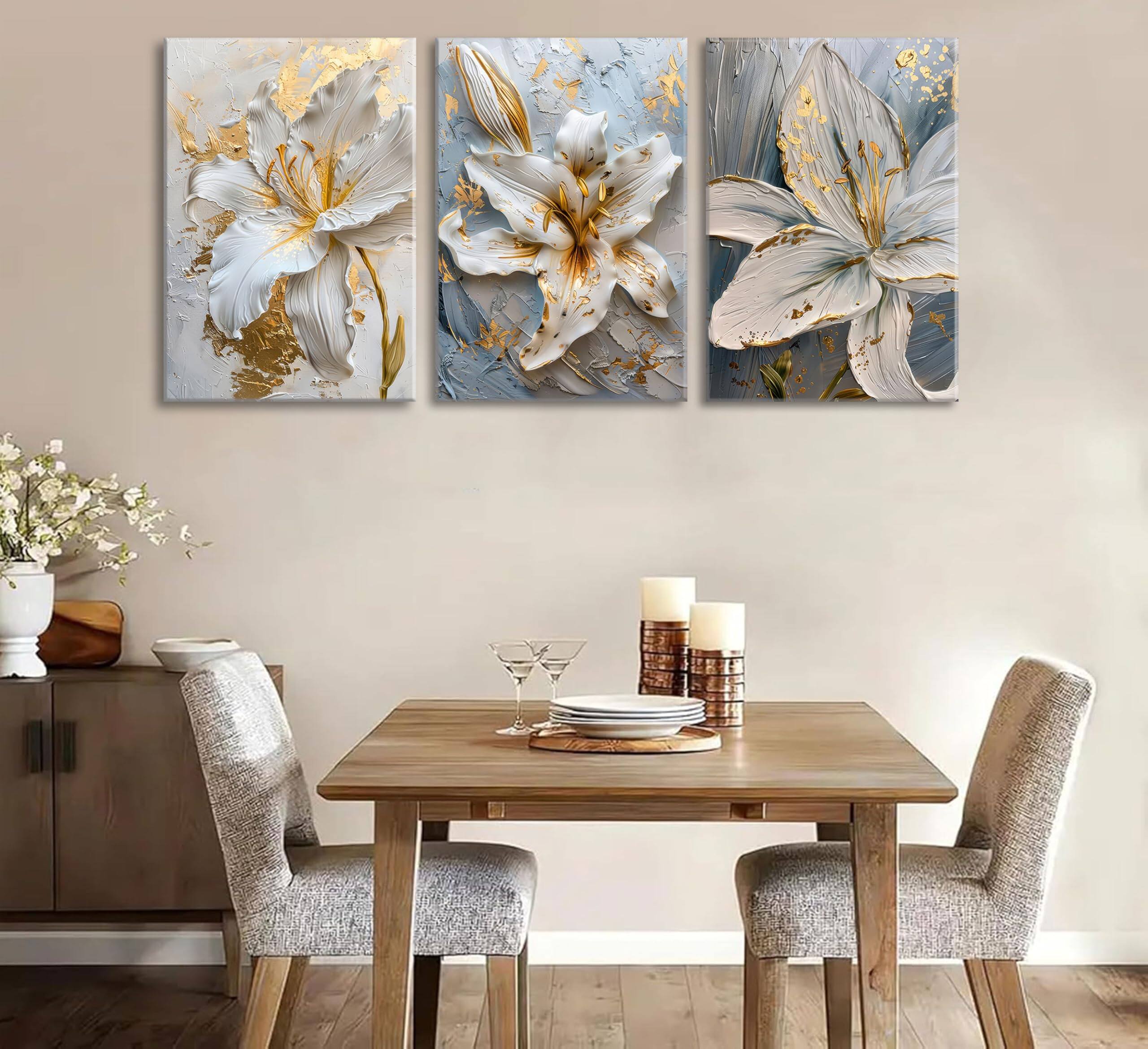 Alt View 2. Hanke - Abstract Golden Flower Canvas Wall Art Boho Foil Blossom Painting Plane Textured 12 x 16 inches - Flower Posters.