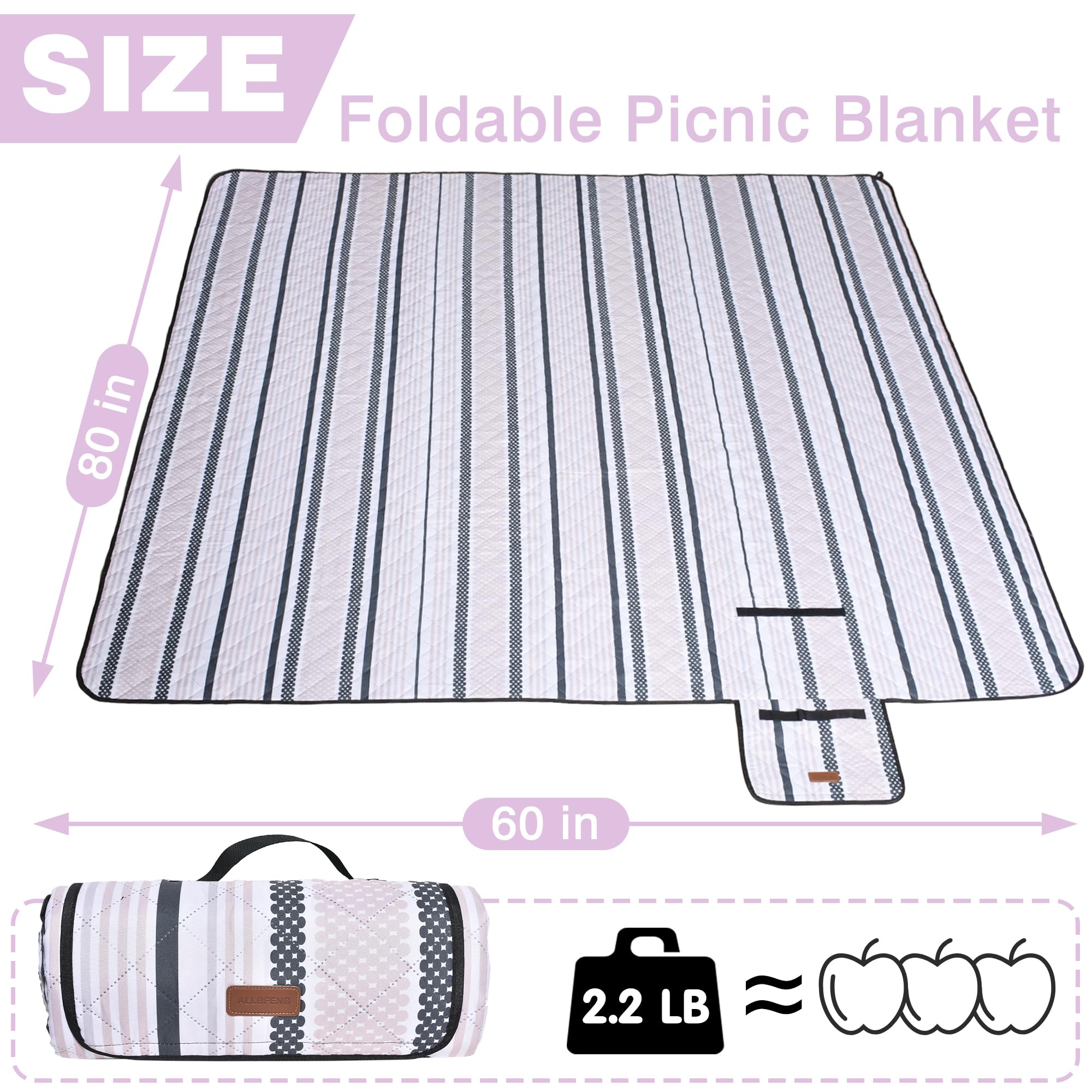 Foldable Picnic Blanket  
Size: 80 in x 60 in  
Weight: 2.2 LB