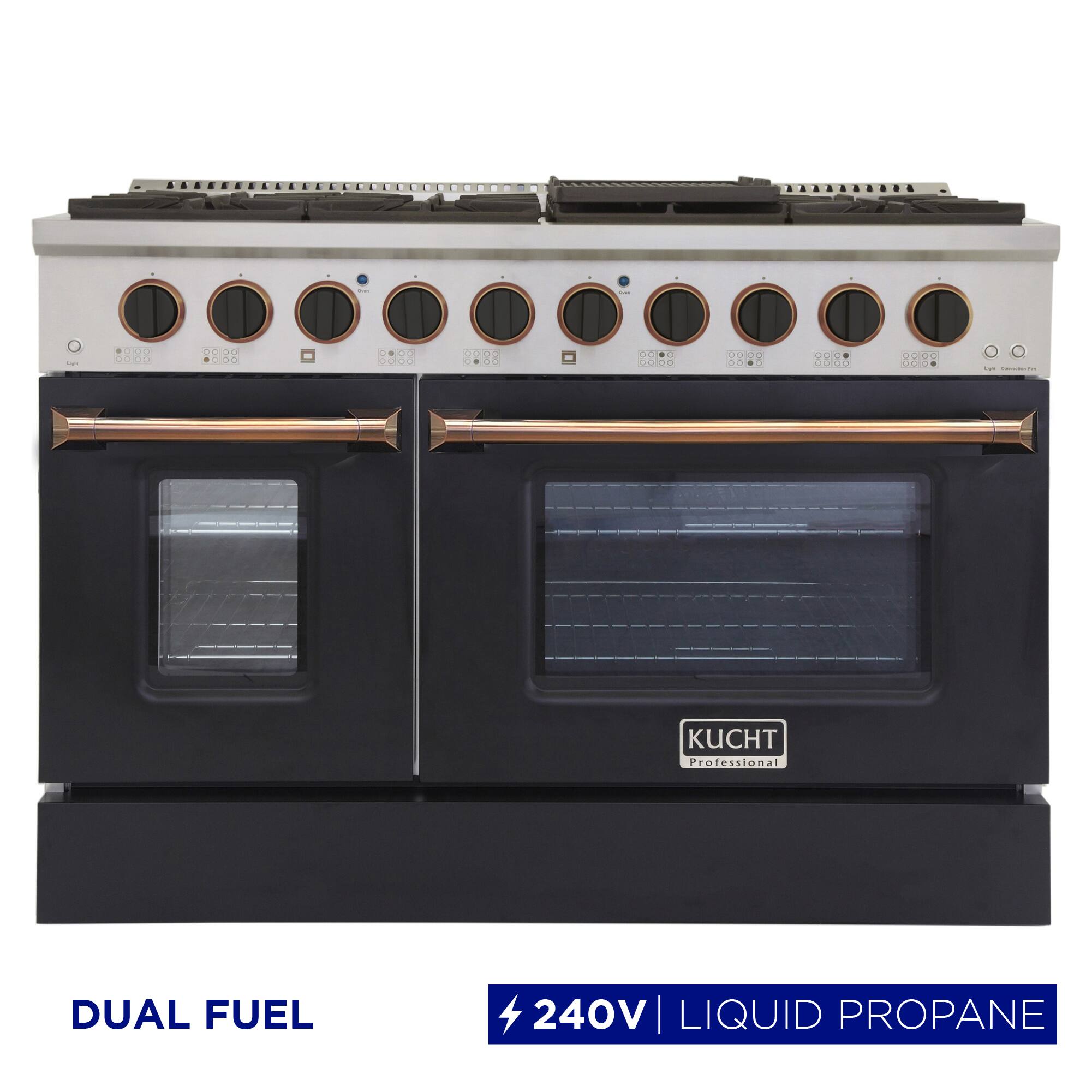 Kucht - 48" Dual Fuel Range for LP, SS/Black Door, Black Knobs, Gold Handle & Rings, 2 Ovens (1 Convection) - Black/Gold