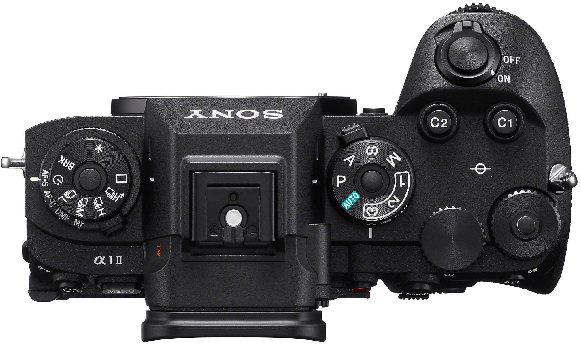 The image features a Sony camera with a black body and a black lens. The camera has several buttons and dials, including a power button, a shutter button, and a mode dial. The mode dial has options such as "off," "on," "auto," "program," "shutter priority," "aperture priority," and "manual." The camera also has a "menu" button and a "playback" button. The lens is attached to the camera, and the overall appearance of the camera is sleek and professional.