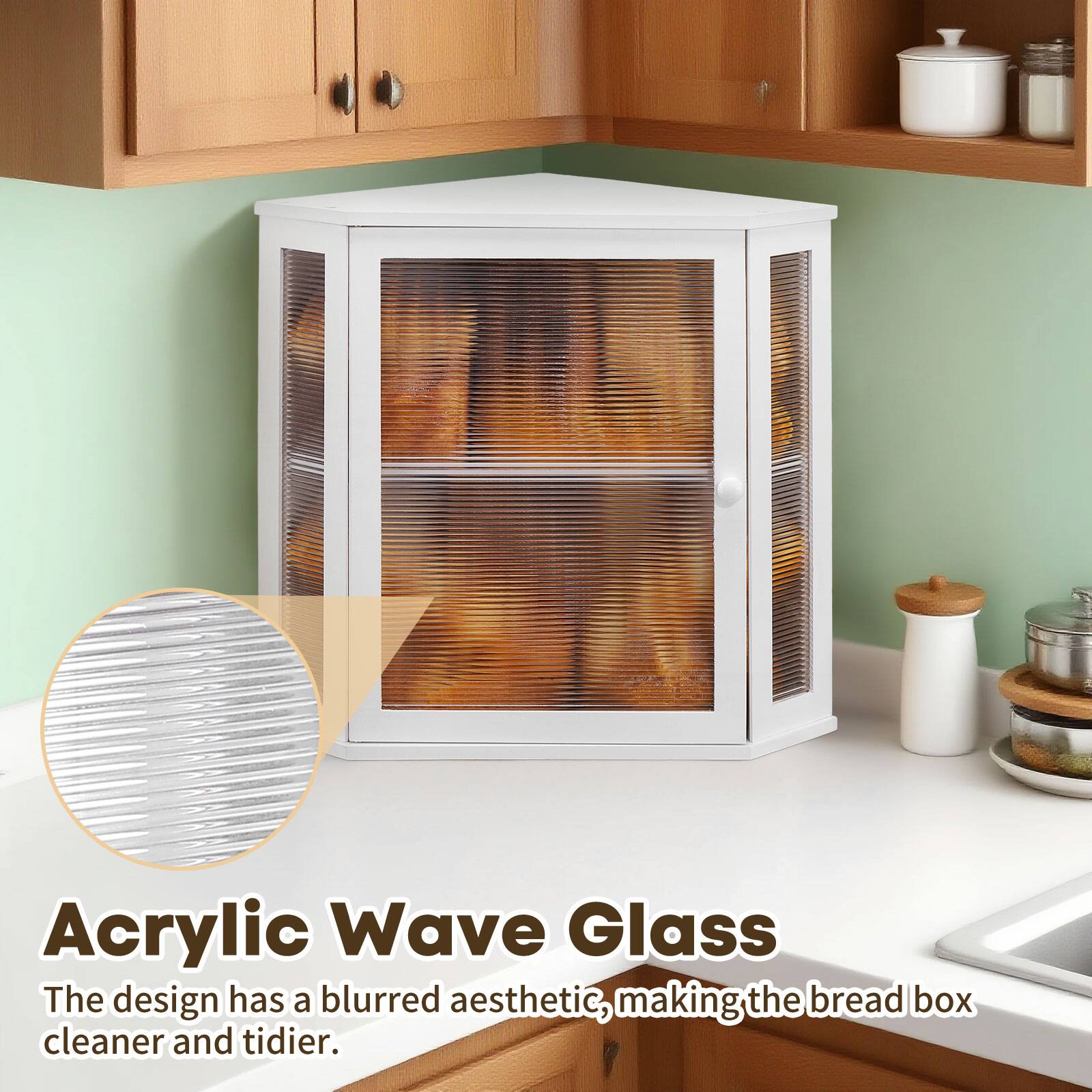 Acrylic Wave Glass  
The design has a blurred aesthetic, making the bread box cleaner and tidier.