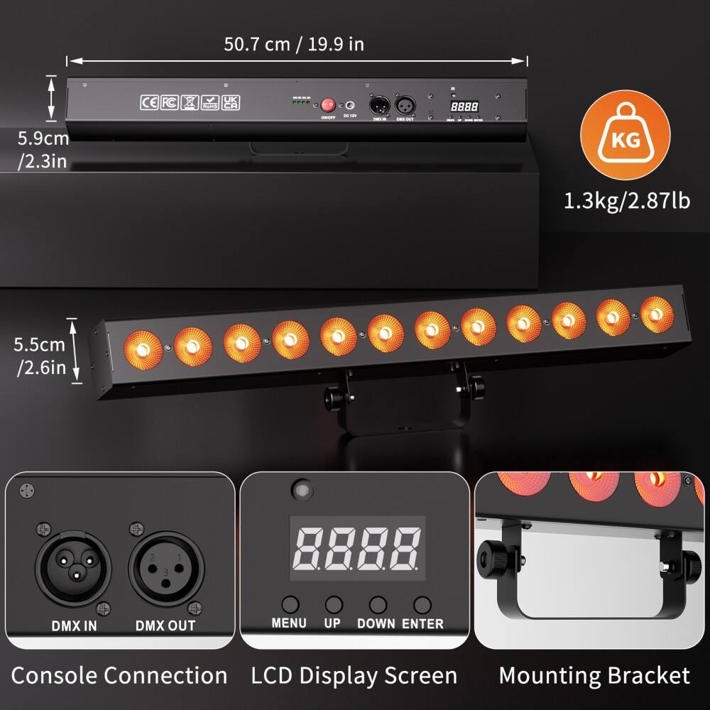50.7 cm / 19.9 in  
5.9 cm / 2.3 in  
5.5 cm / 2.6 in  
1.3 kg / 2.87 lb  

Console Connection  
LCD Display Screen  
Mounting Bracket  

DMX IN  
DMX OUT  
MENU  
UP  
DOWN  
ENTER  

8888