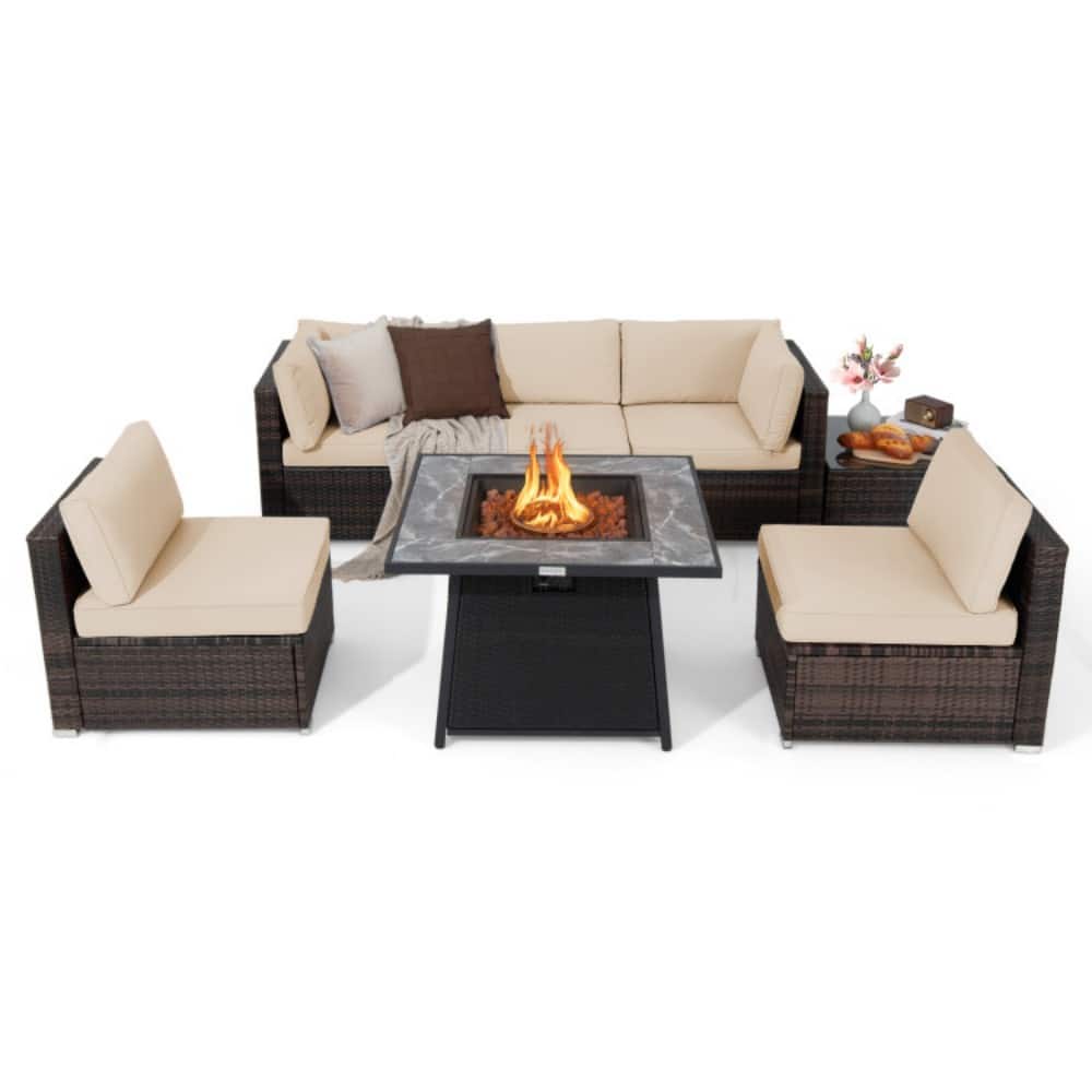 Mondawe - 7 Pieces Patio Furniture Set with 35 Inches 50000 BTU Propane Gas Fire Pit Table and Waterproof Cover for Firpit - Beige
