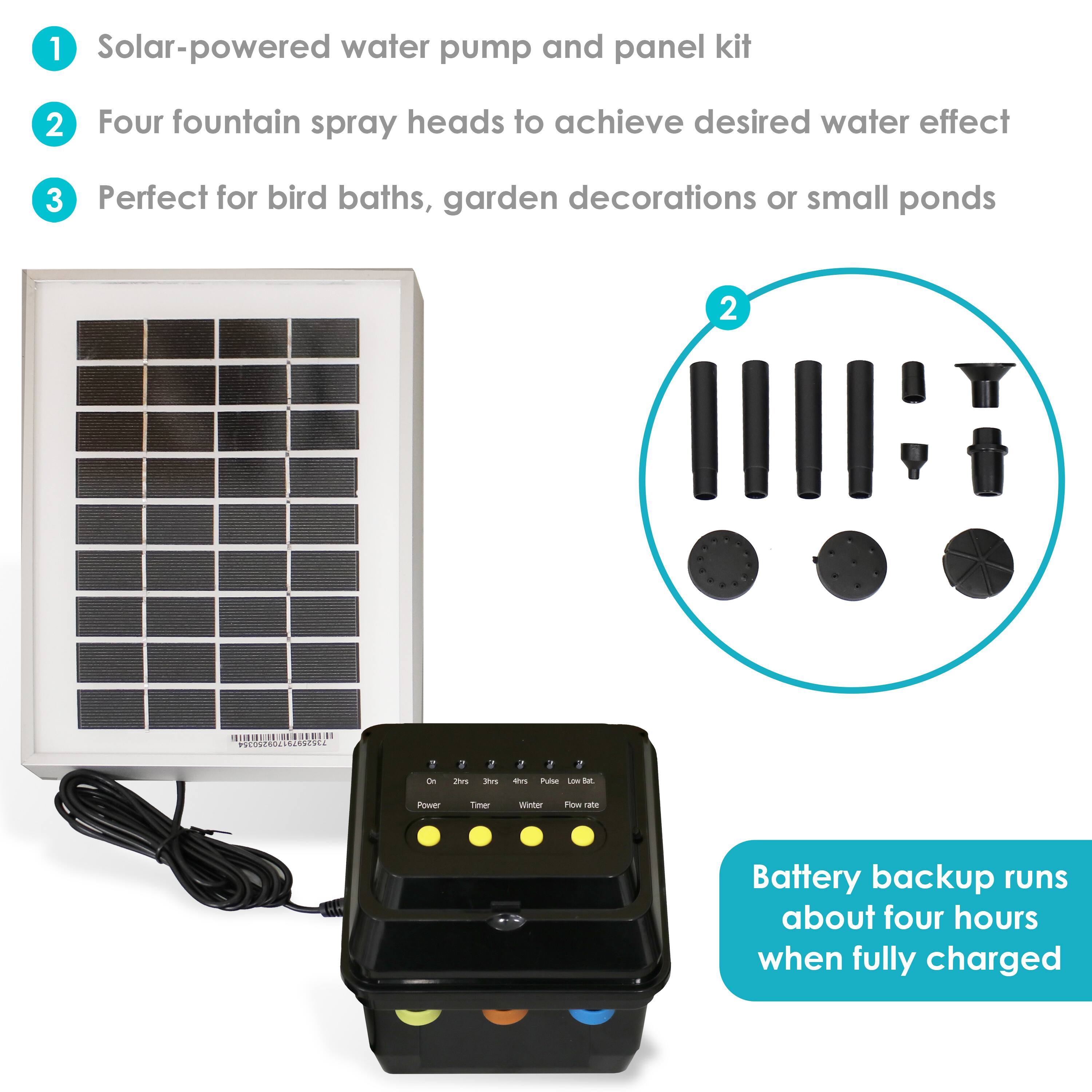 1. Solar-powered water pump and panel kit
2. Four fountain spray heads to achieve desired water effect
3. Perfect for bird baths, garden decorations or small ponds

Battery backup runs about four hours when fully charged