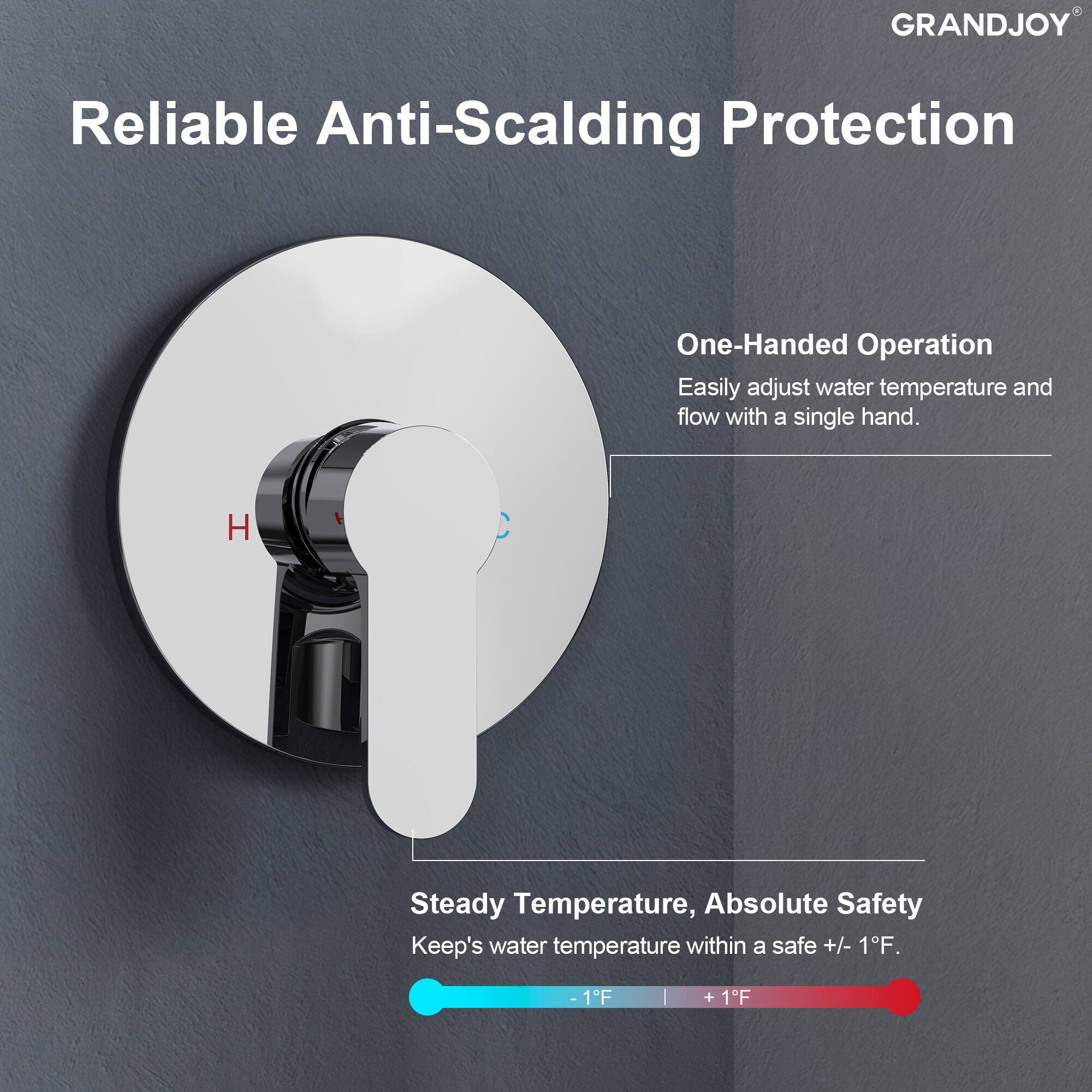 GRANDJOY

Reliable Anti-Scalding Protection

One-Handed Operation
Easily adjust water temperature and flow with a single hand.

Steady Temperature, Absolute Safety
Keep's water temperature within a safe +/- 1°F.